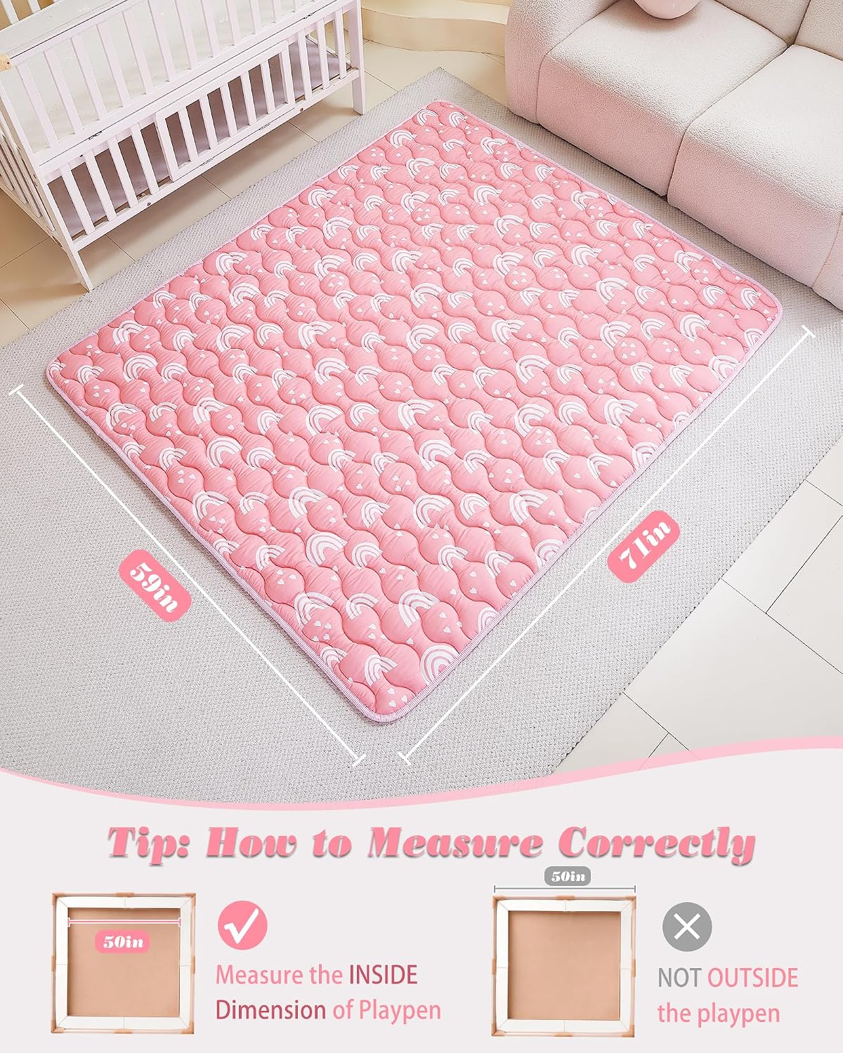 Detalle 2 de Viviland 71 x 59-Inch Baby Play Mat, Thick Padded, Non-Slip, Pink Rainbow