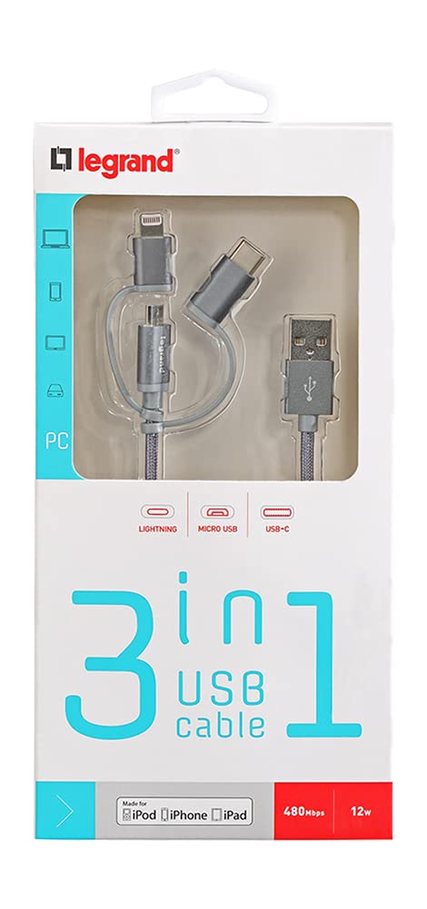 Detalle de Legrand Cordon USB Type-A vers micro USB, USB-C ou Lightning — câble multi-connecteur 1,2 m