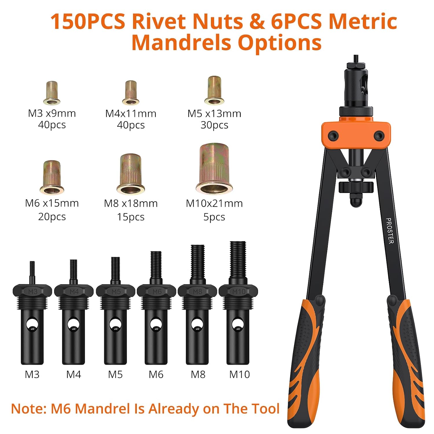 Detalle 2 de Proster 14" Rivet Nut Tool Kit with 6 Metric Mandrels and 150 Rivet Nuts