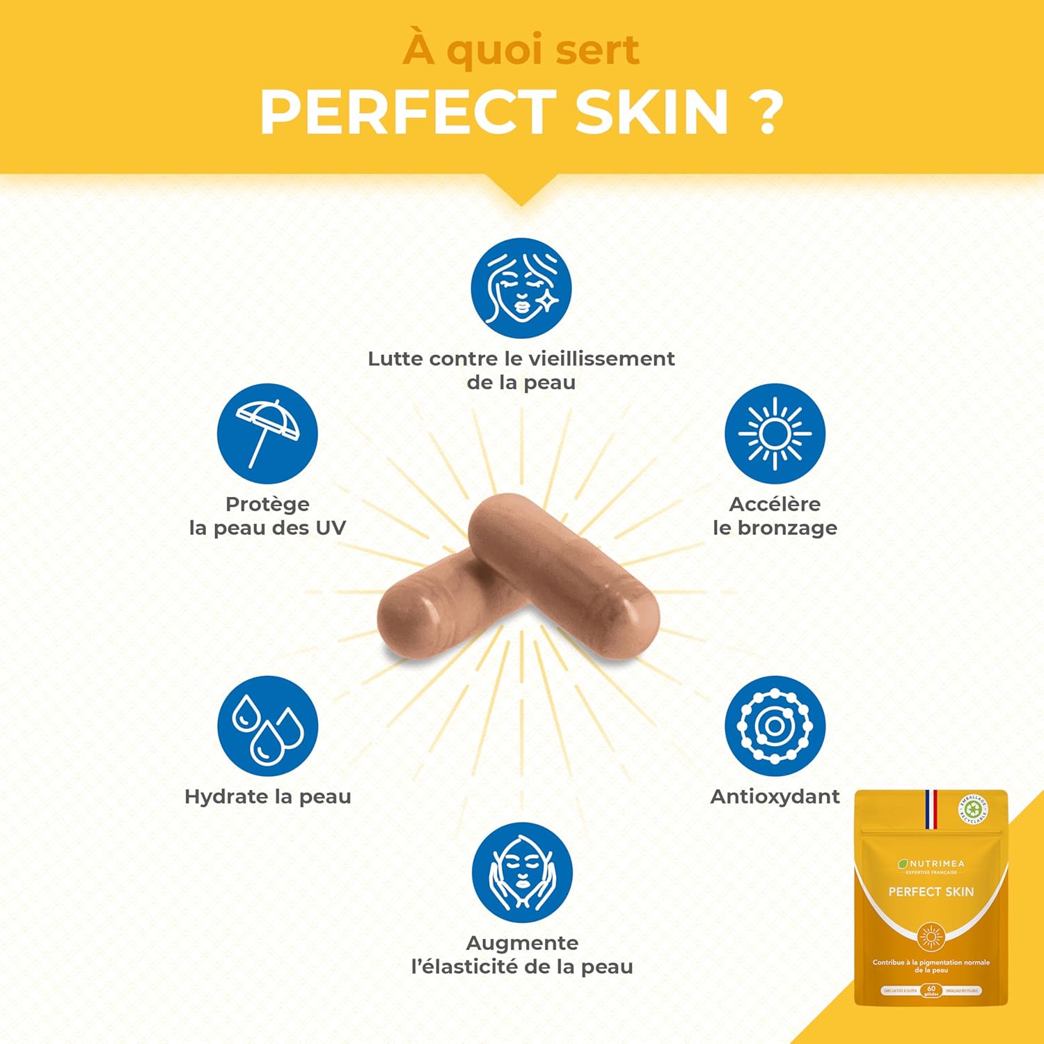 Detalle de Nutrimea PERFECT SKIN – Préparateur et accélérateur de bronzage, 60 gélules vegan (β-carotène & bardane)