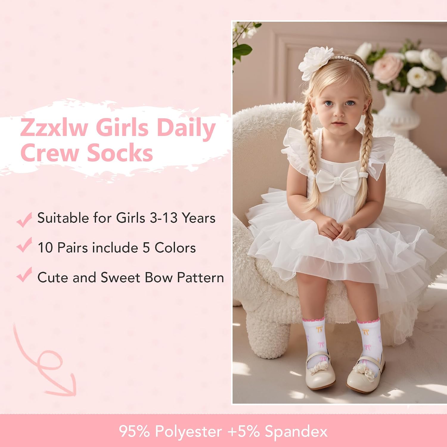 Thumbnail 3 de Zzxlw Girls Socks 10 Pairs Gray Pink – Cute Multicolour Mid-Cut Socks with Bow Design