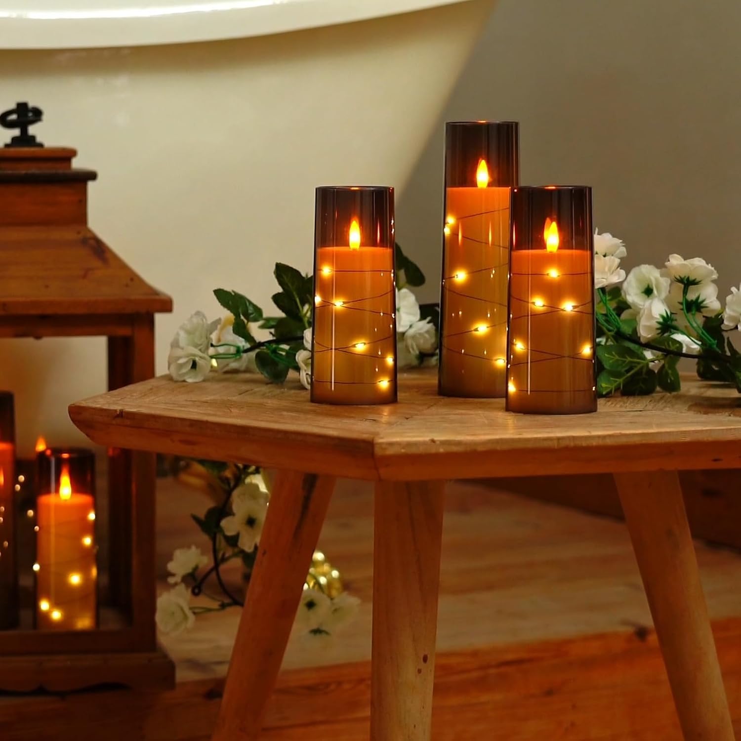 Detalle de Homemory Flickering Flameless Candles with String Lights (Set of 5) with Remote & Timer, Grey acrylic