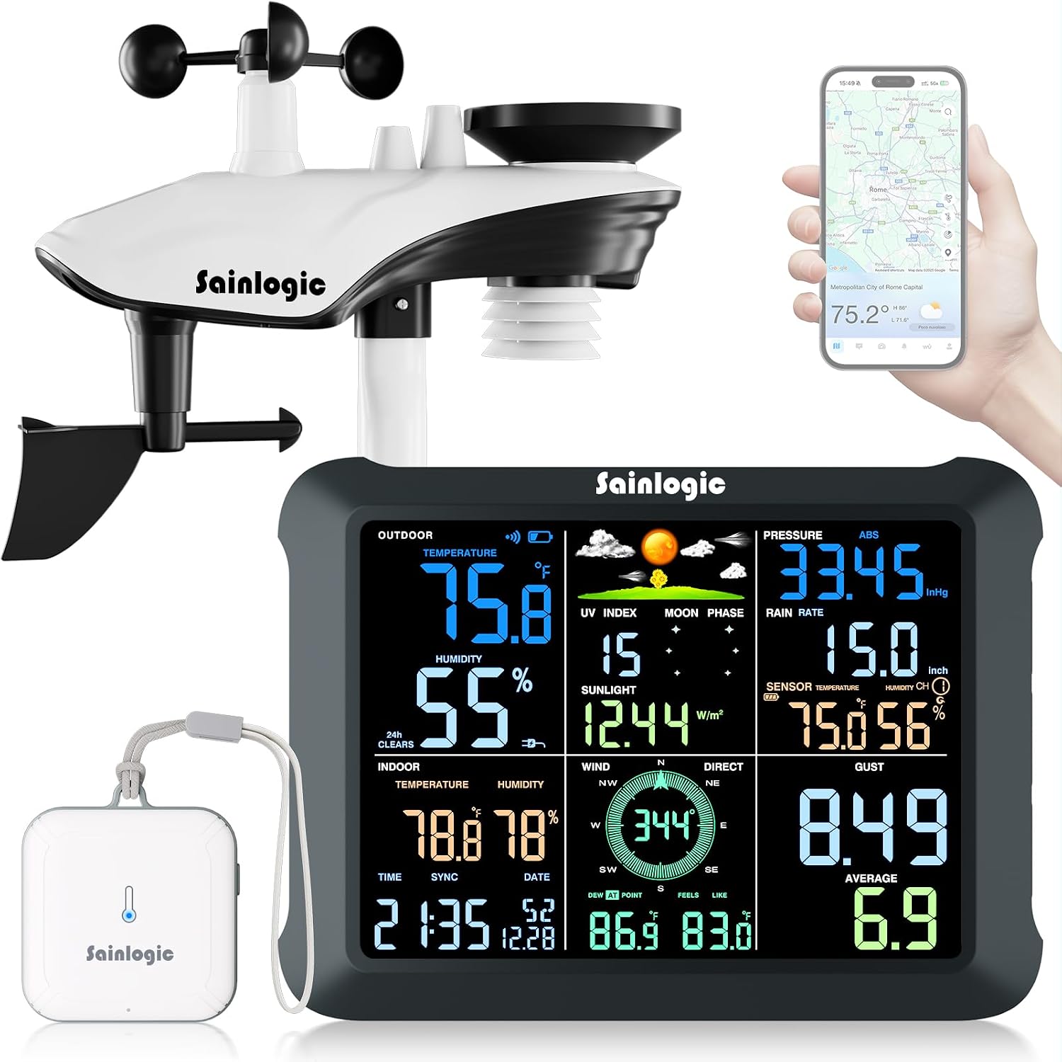 Sainlogic Smart Wetterstation WLAN: stazione meteorologica 7-in-1 con AI Weatherseed, schermo 8,5", rilevazione pioggia e esportazione dati
