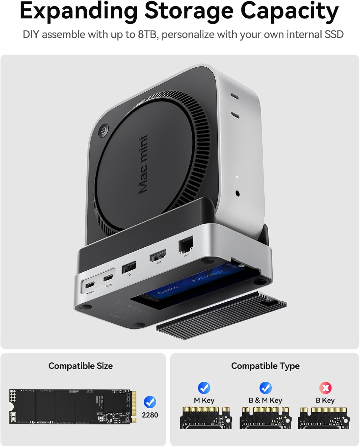 Detalle de ORICO VS10 10-in-1 Hub for Mac mini with M.2 SSD, 4K HDMI and Gigabit Ethernet