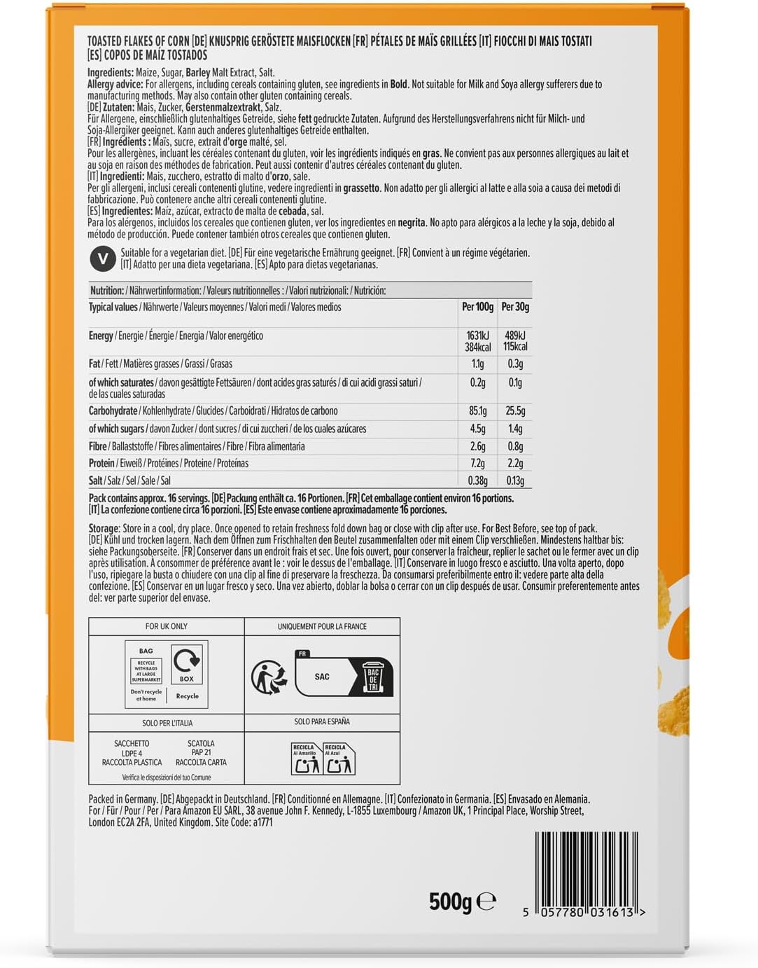Detalle de By Amazon Flocons De Maïs, 500g – flocons grillés pour un snack végétarien pratique
