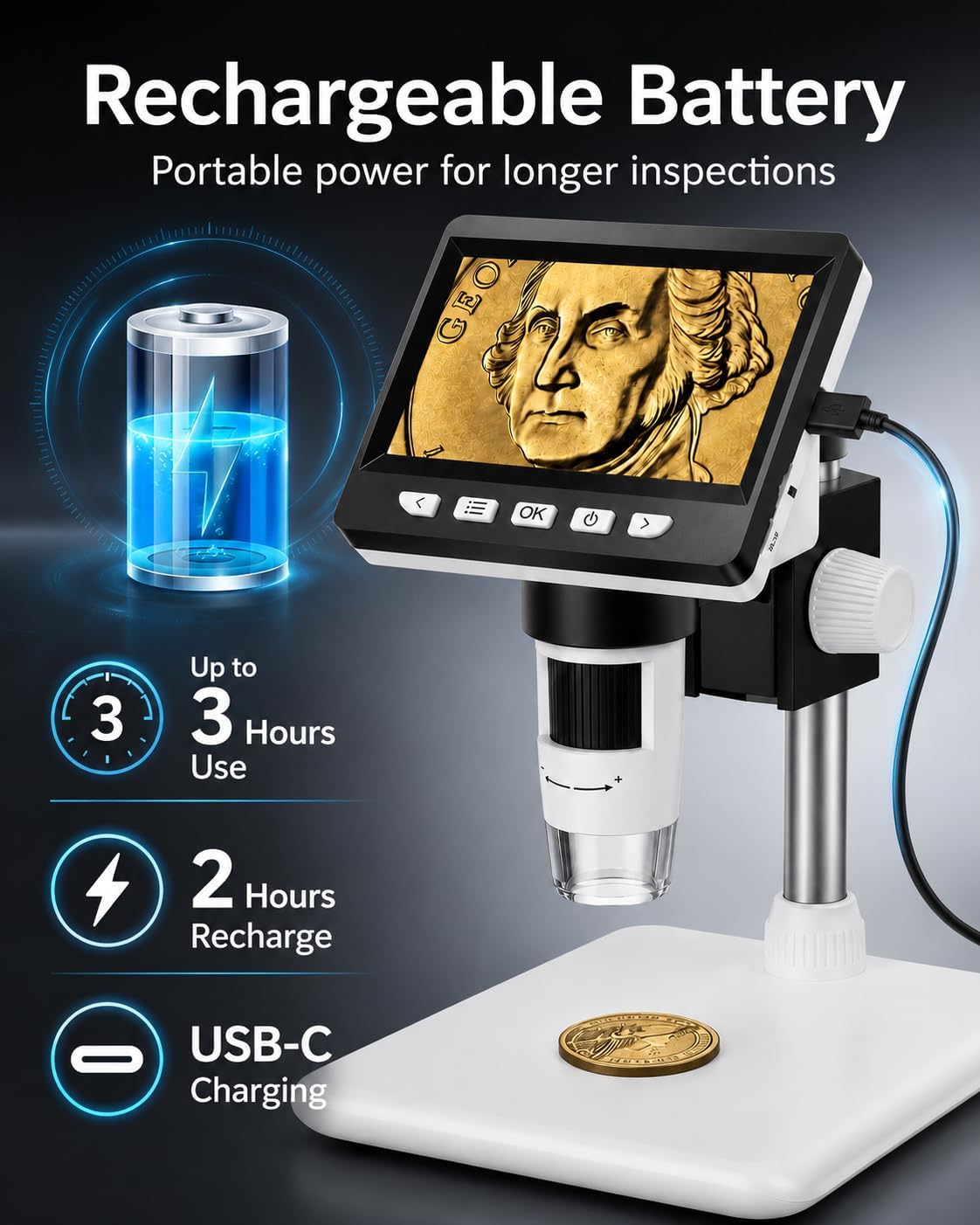Thumbnail 4 de Coin Microscope 4.3-Inch 1000X Digital Microscope with 8 LED Lights — PC & Mac Compatible