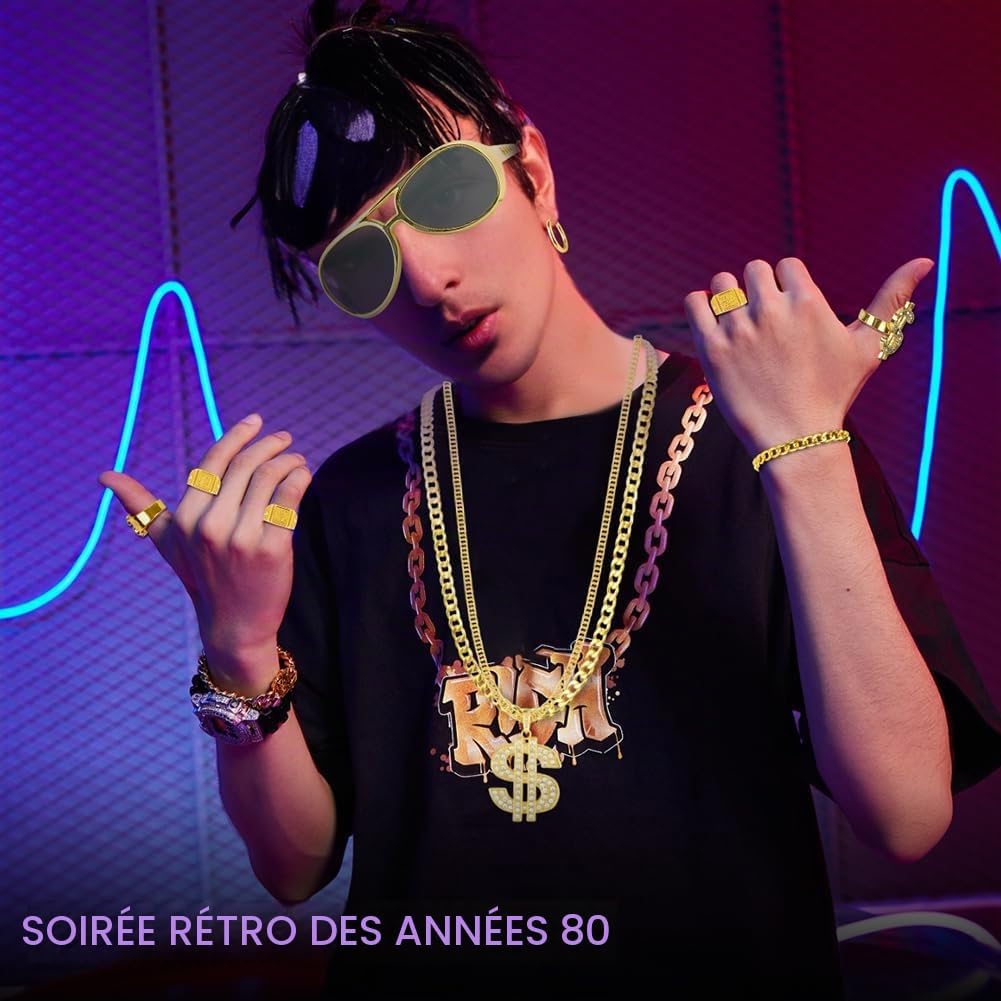 Thumbnail 1 de BSBUY 10-delige hiphop-kostuumaccessoireset met goudkleurige kettingen en ringen