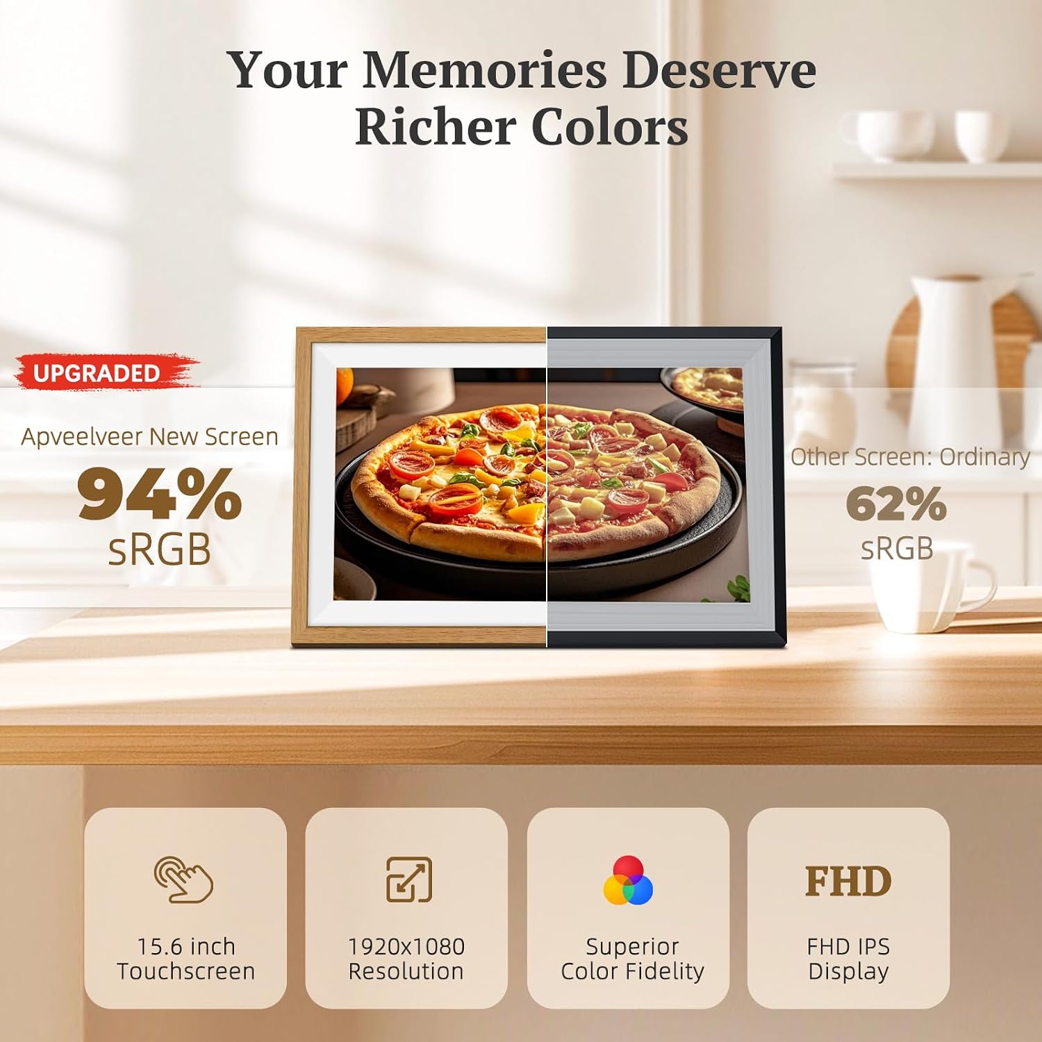 Thumbnail 1 de 94% sRGB 15.6 Inch Large Frameo Oak Wood Digital Photo Frame