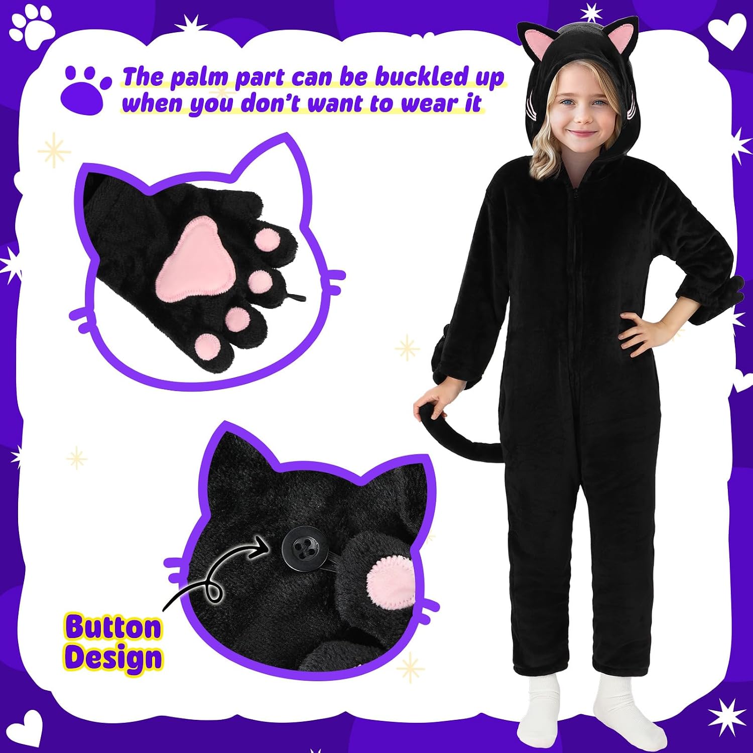 Detalle 2 de Joycover Black Cat Costume Onesie for Girls with Hood, Tail and Paw Gloves