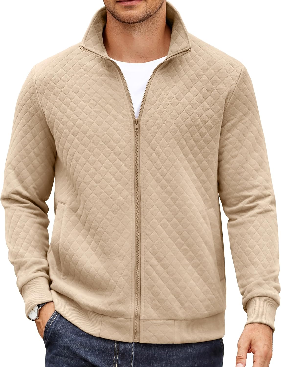 Detalle 2 de COOFANDY Zip Up Quilted Mock Neck Jacket