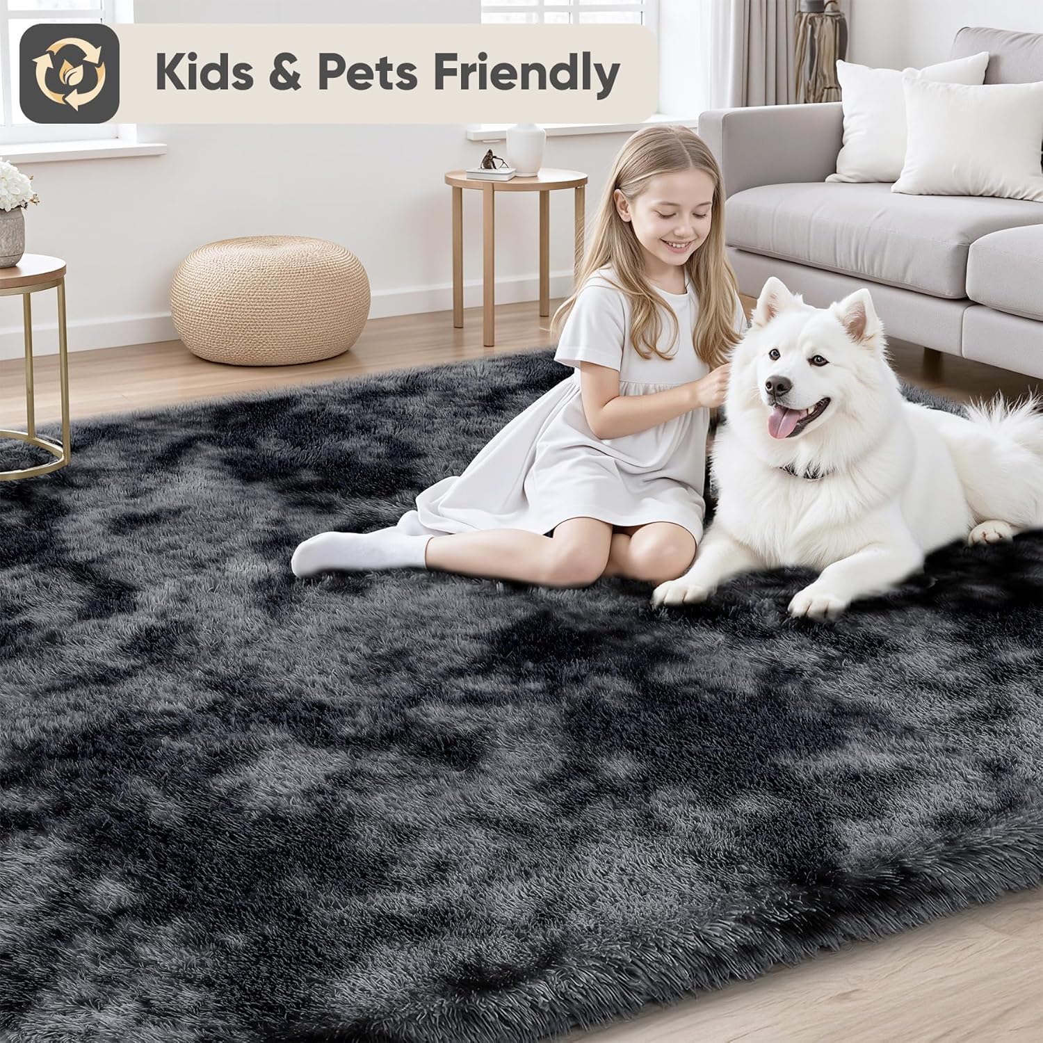 Thumbnail 3 de 8x10 Fluffy Shag Area Rug for Living Room & Bedroom – Black/Gray, Non-Slip, High-Pile Plush