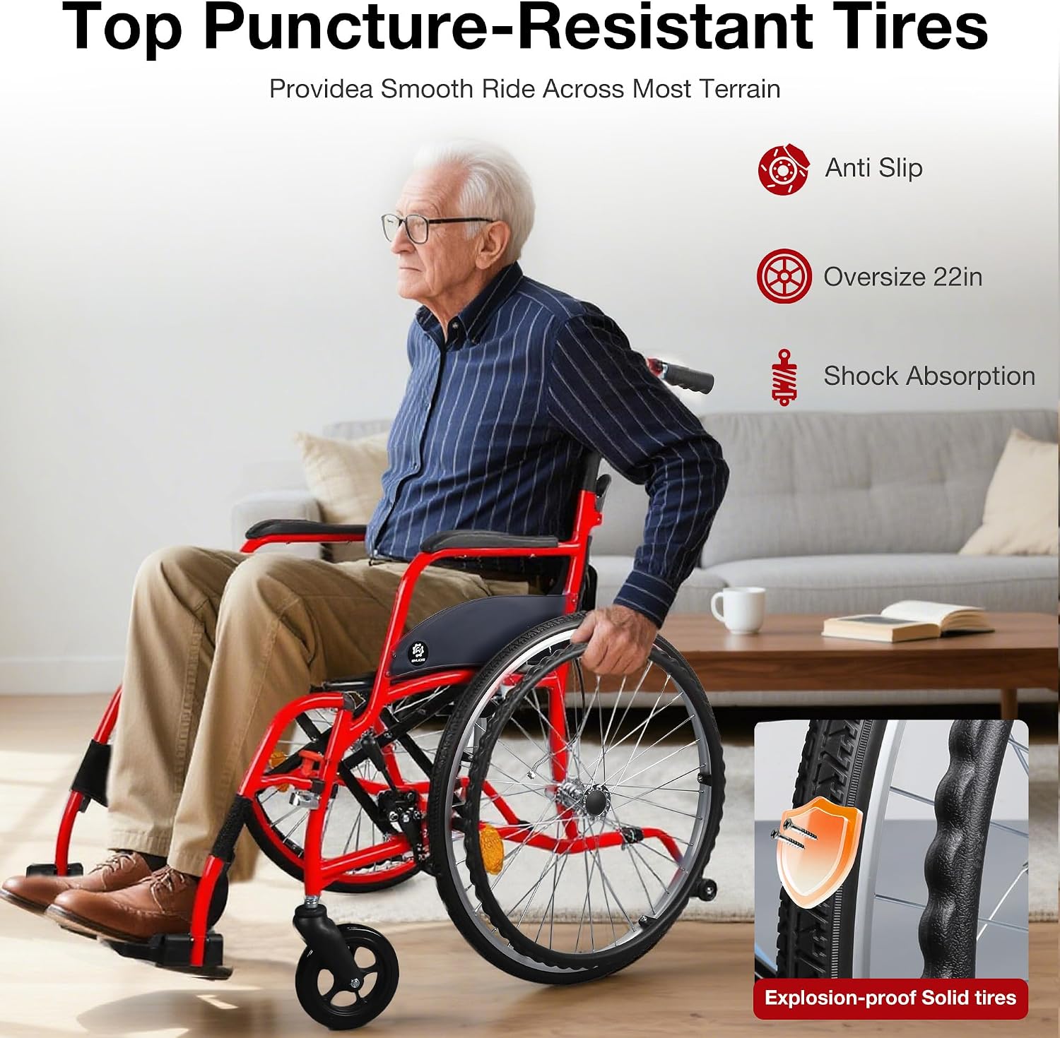 Detalle de WHLICKS A06 Lightweight Folding Wheelchair, 22-Inch Rear Wheels and Swing-Away Footrests