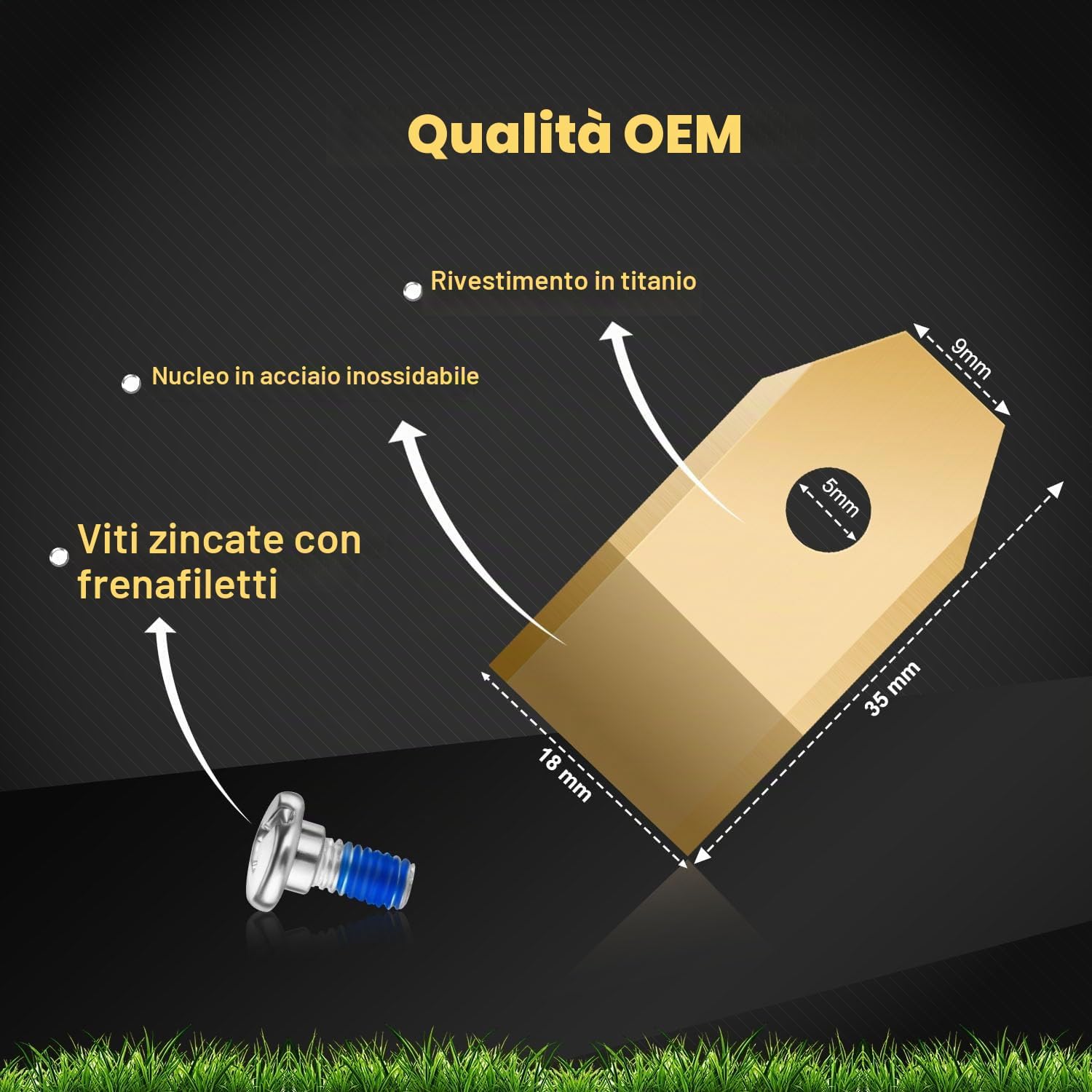 Detalle de 36 lame di ricambio compatibili Navimow: lama in acciaio inox con titanio e viti zincate