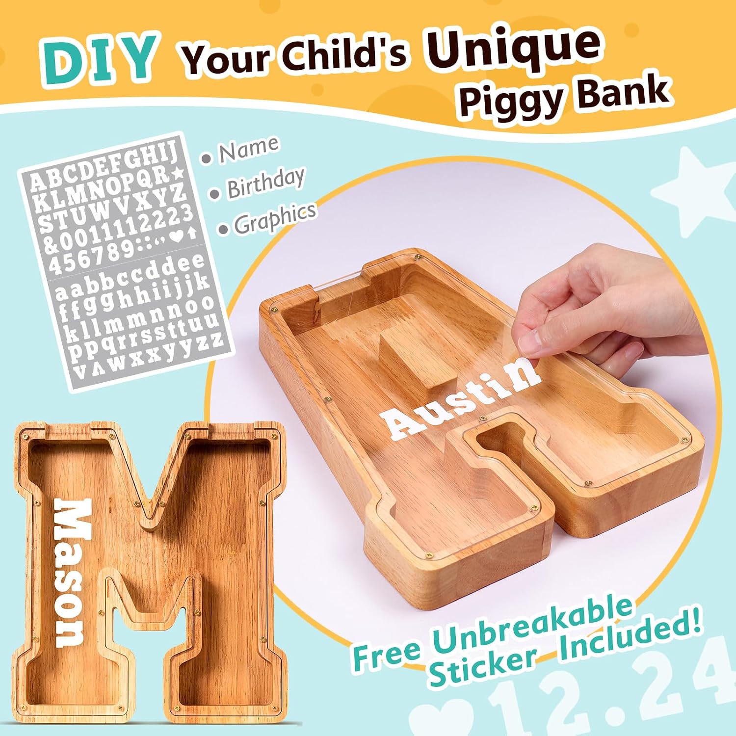 Detalle de SummiDate Wooden Letter Piggy Bank with Personalized Initial (M) – Alphabet Money Bank for Kids