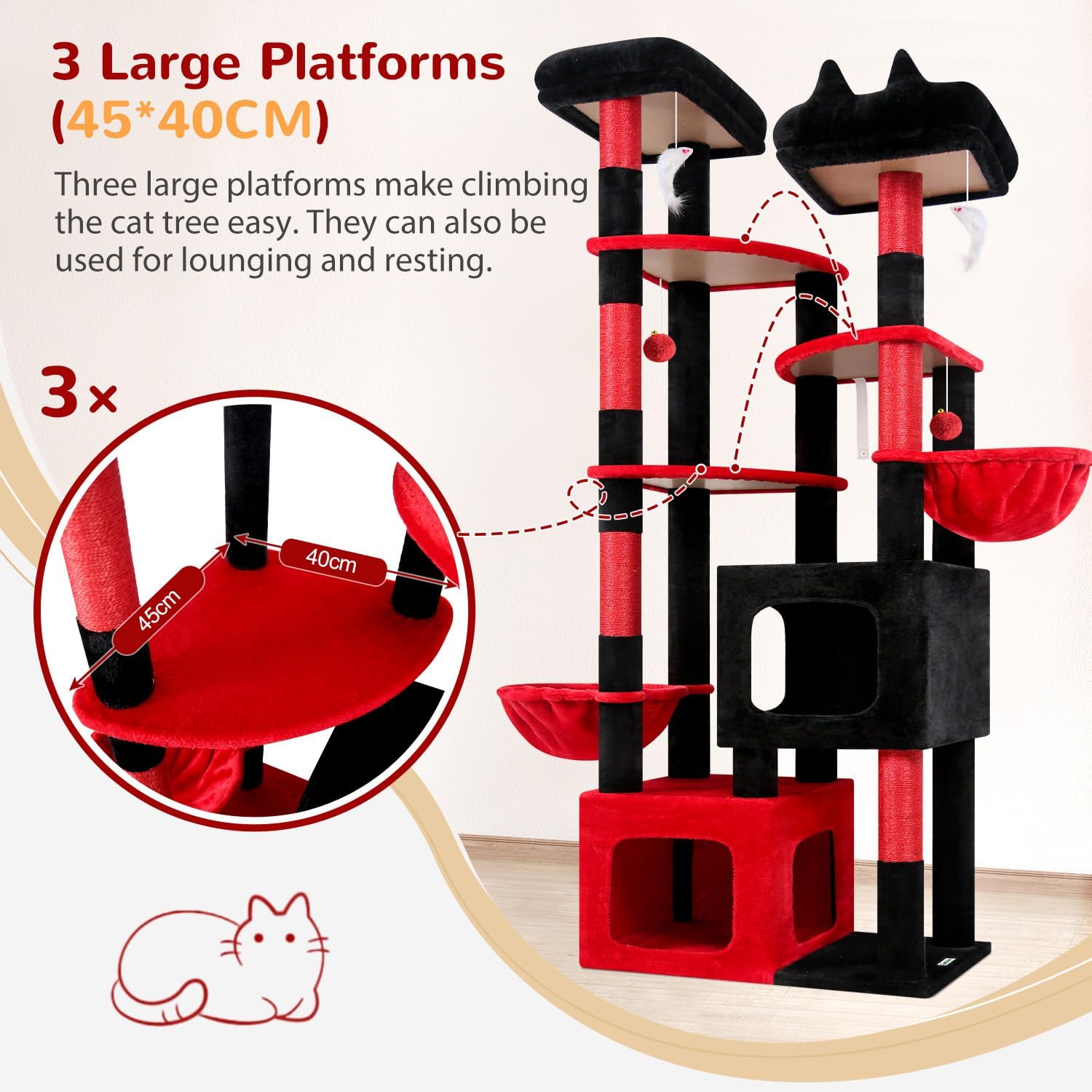 Thumbnail 4 de Globlazer Arbre à chat XXL Gothique noir & rouge, 189 cm, pour 3 à 5 grands chats