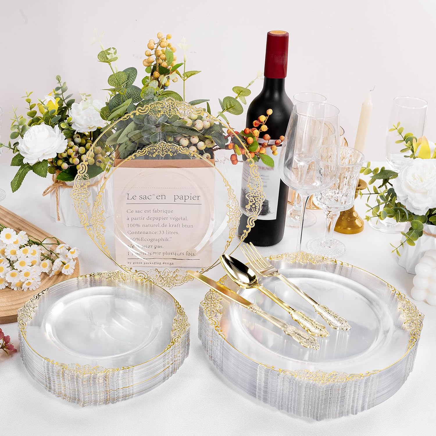 Thumbnail 5 de Bestluck 200 PCS Clear and Gold Plastic Plates 10.25
