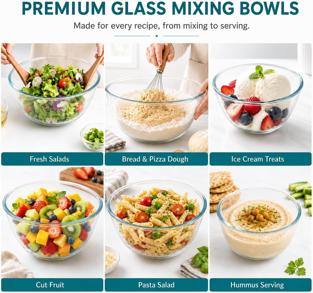 Thumbnail 5 de Luvan Glass Mixing Bowls with Lids Set (4.5QT, 2.7QT, 1.1QT) – Nesting Glass Bowls for Kitchen Tasks