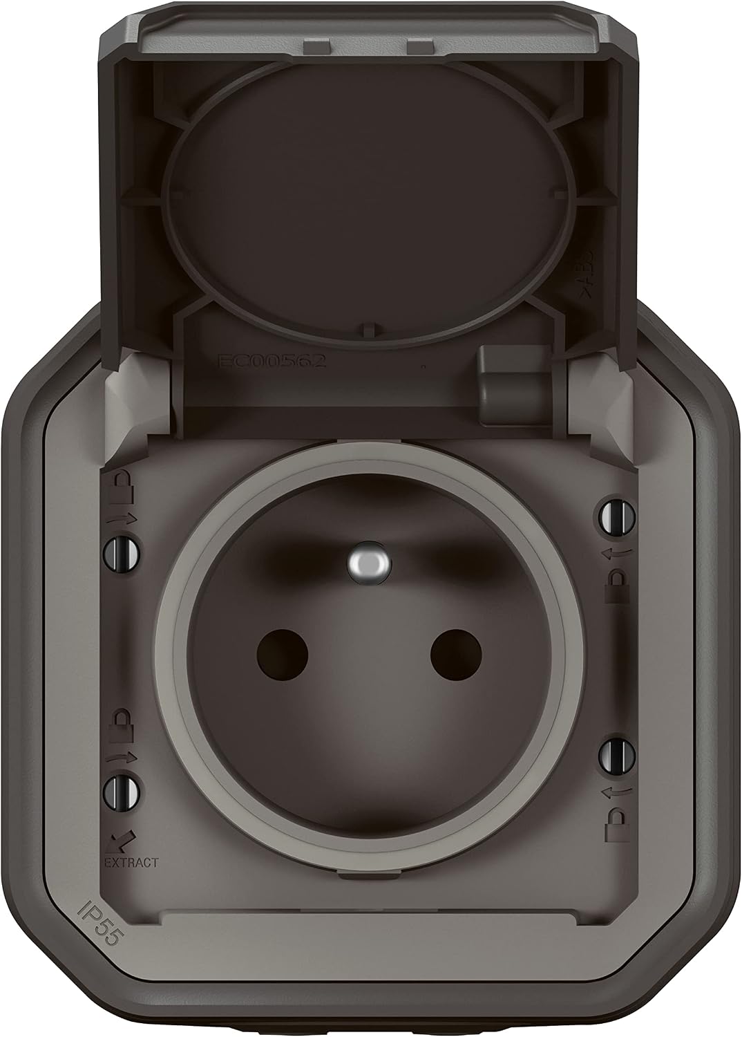 Detalle de Legrand Plexo Prise étanche IP55 avec Terre 2P+T 16A, avec Volet – Pose en apparent, Anthracite