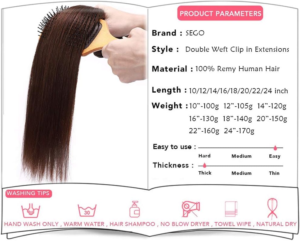 Thumbnail 5 de SEGO Extension Clip Capelli Veri Castano – 8 Fasce Remy 100% lisci naturali, 35 cm, 120 g