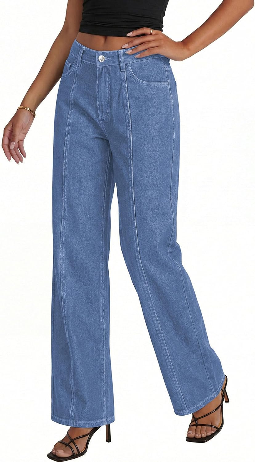 Detalle de PRETTYGARDEN Wide-Leg Jeans for Women, Stretch Denim, High-Rise, Seamed Front