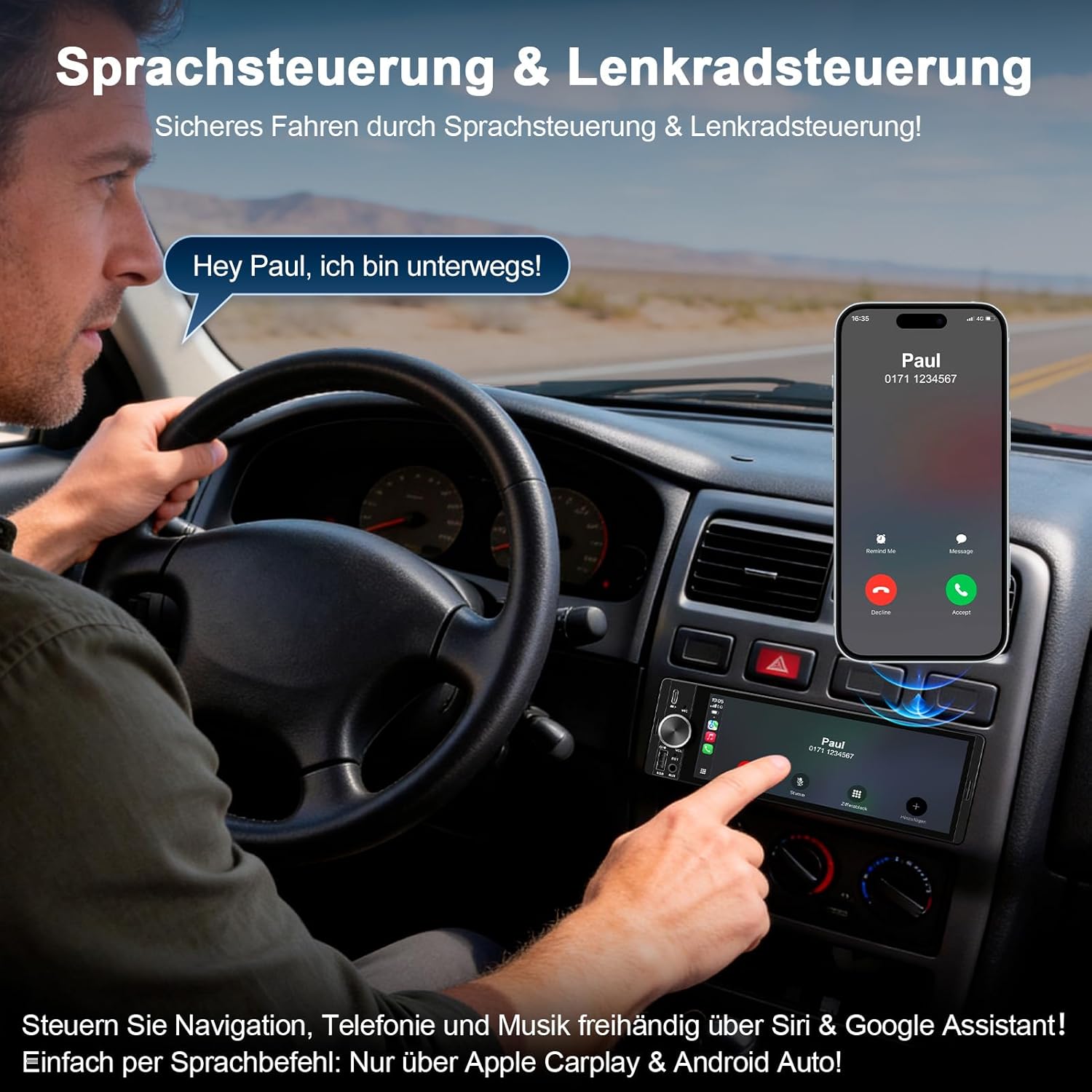 Thumbnail 3 de 1-DIN Bluetooth Autoradio mit 6,9" Touchdisplay, Wireless CarPlay/Android Auto und Rückfahrkamera