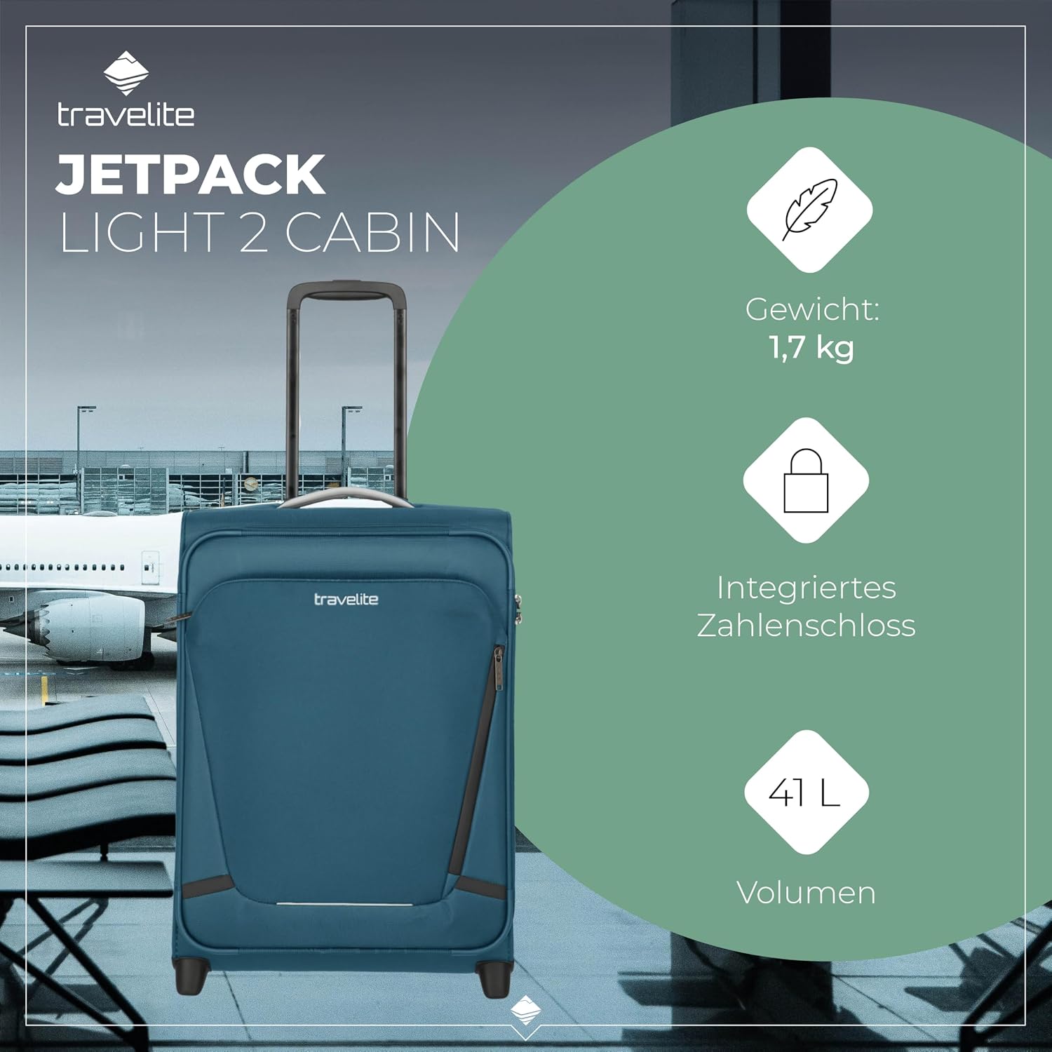 Detalle de Travelite Jetpack Handgepäck Koffer 55x40x20 cm – ultraleichtes Weichgepäck (1,7 kg) für Ryanair & Condor