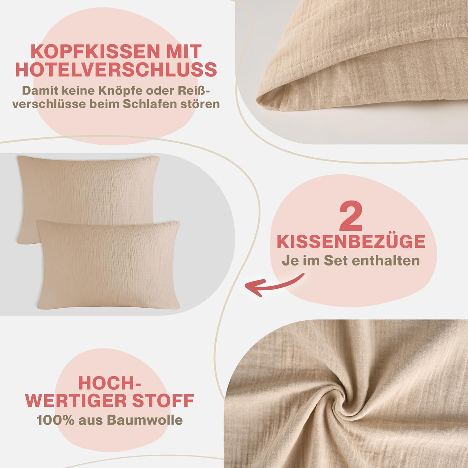 Thumbnail 3 de Blumtal Musselin-Kissenbezug 40x80 cm im 2er-Set (Oeko-TEX, 100% Baumwolle) – Taupe