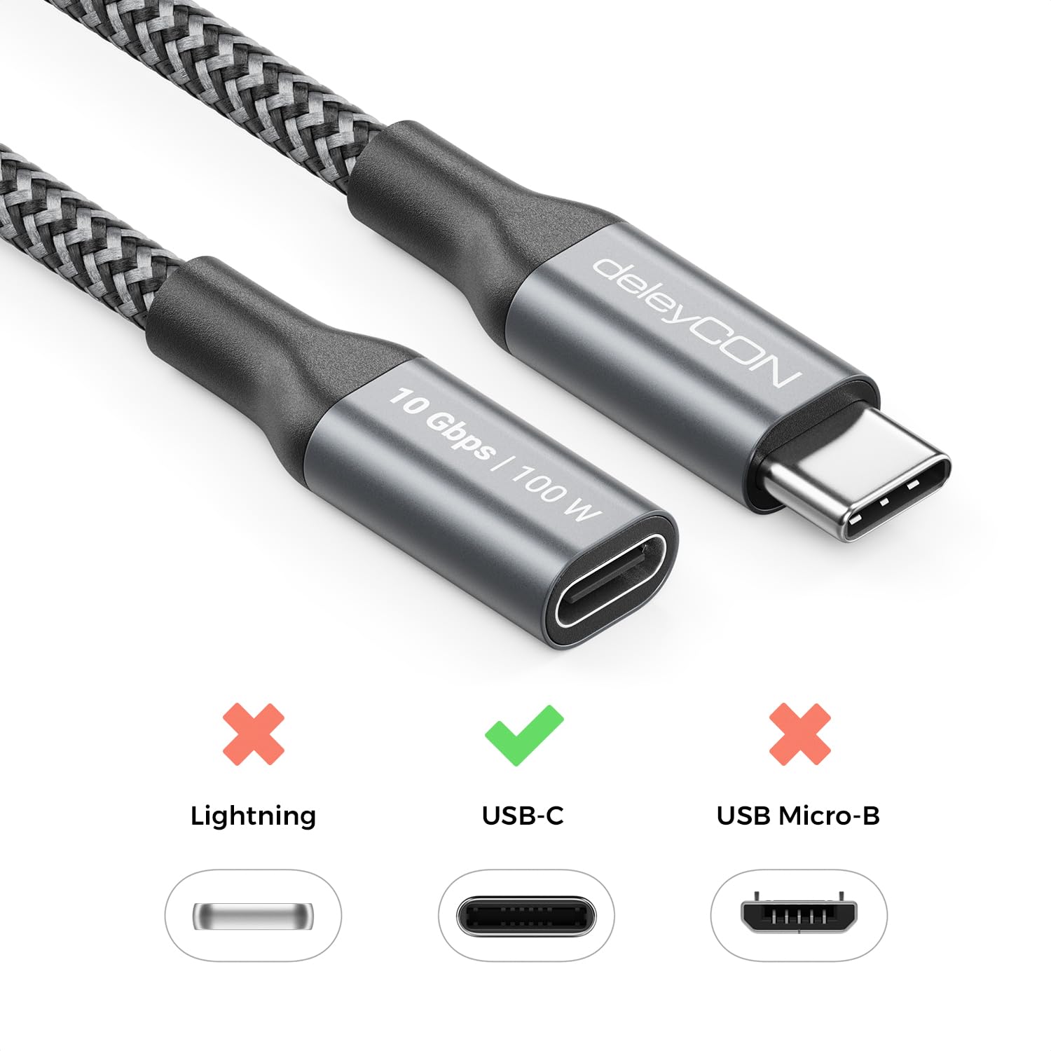Detalle 2 de deleyCON USB-C Verlängerungskabel 0,5 m – 100 W, 10 Gbit/s, USB-C zu USB-C, DP Alt Mode, 4K@60Hz