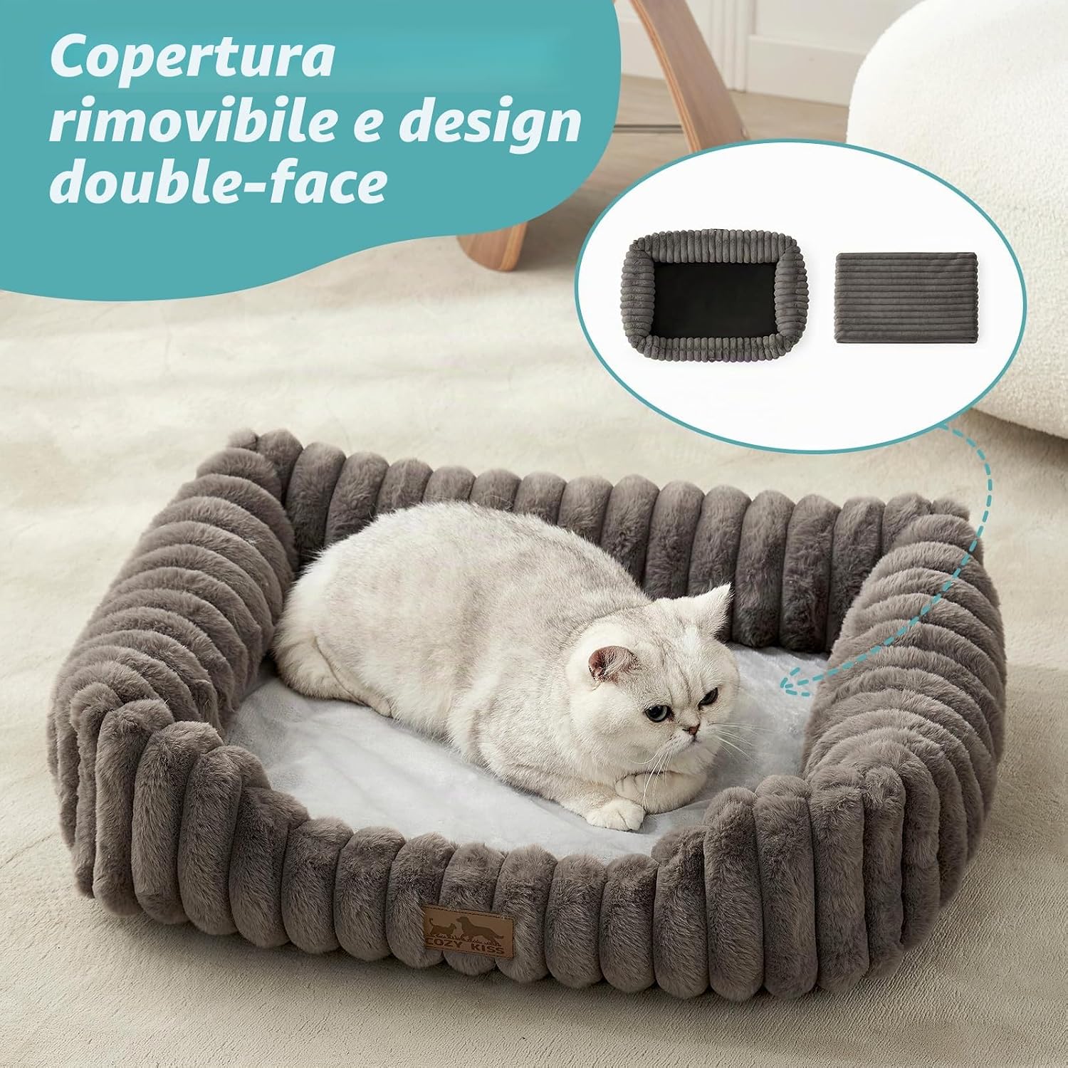 Detalle 2 de COZY KISS Confortabile Divano per Cani e Gatti — Cuccia Ortopedica con Bordo Rialzato e Pelliccia sintetica