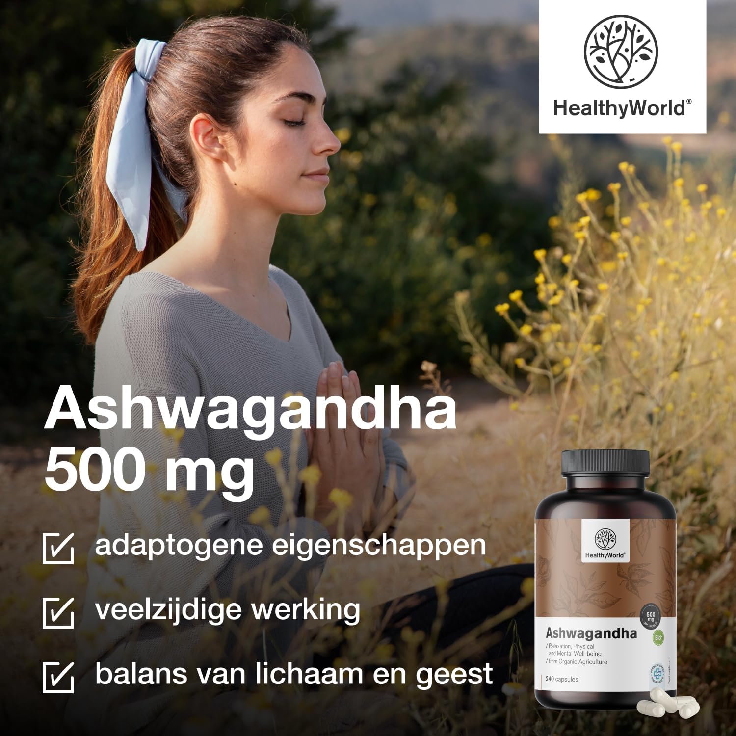Detalle 2 de HealthyWorld Ashwagandha 500 mg, 240 plantaardige capsules