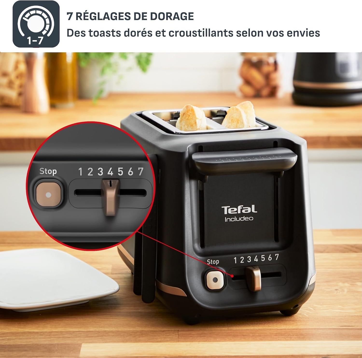 Detalle de Tefal Includeo – Grille-pain 2 fentes extra-larges avec pinces magnétiques – Noir