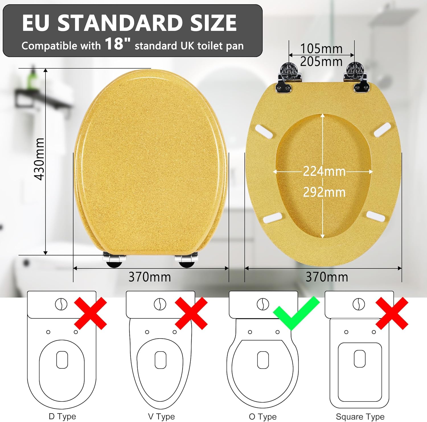 Thumbnail 1 de Angel Shield Glitter Moulded Wood Toilet Seat (Oval) with Quiet Close & Quick-Release Hinges – Gold Yellow Glitter, 45x37cm
