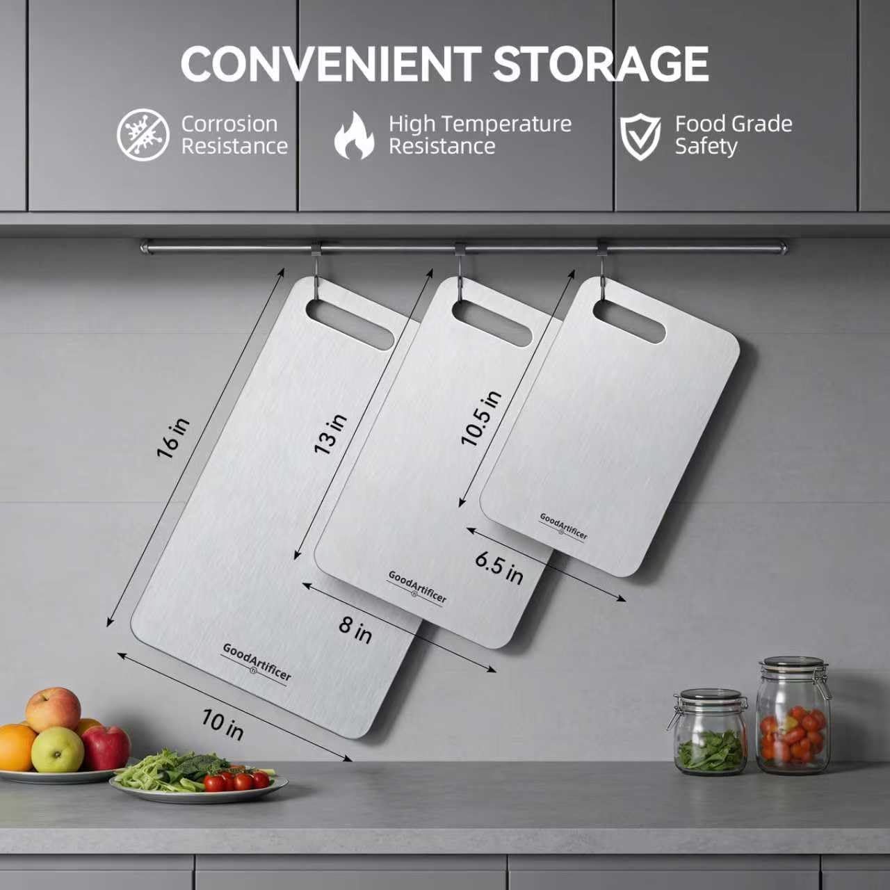 Detalle de Titanium Cutting Boards Set of 3: 100% Pure Titanium, Double-Sided, Dishwasher Safe