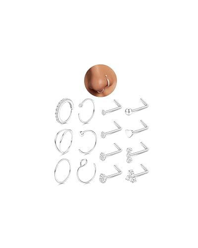 Detalle de CASSIECA 20G Silver Nose Ring Set – Hypoallergenic Surgical Steel with CZ Gemstones