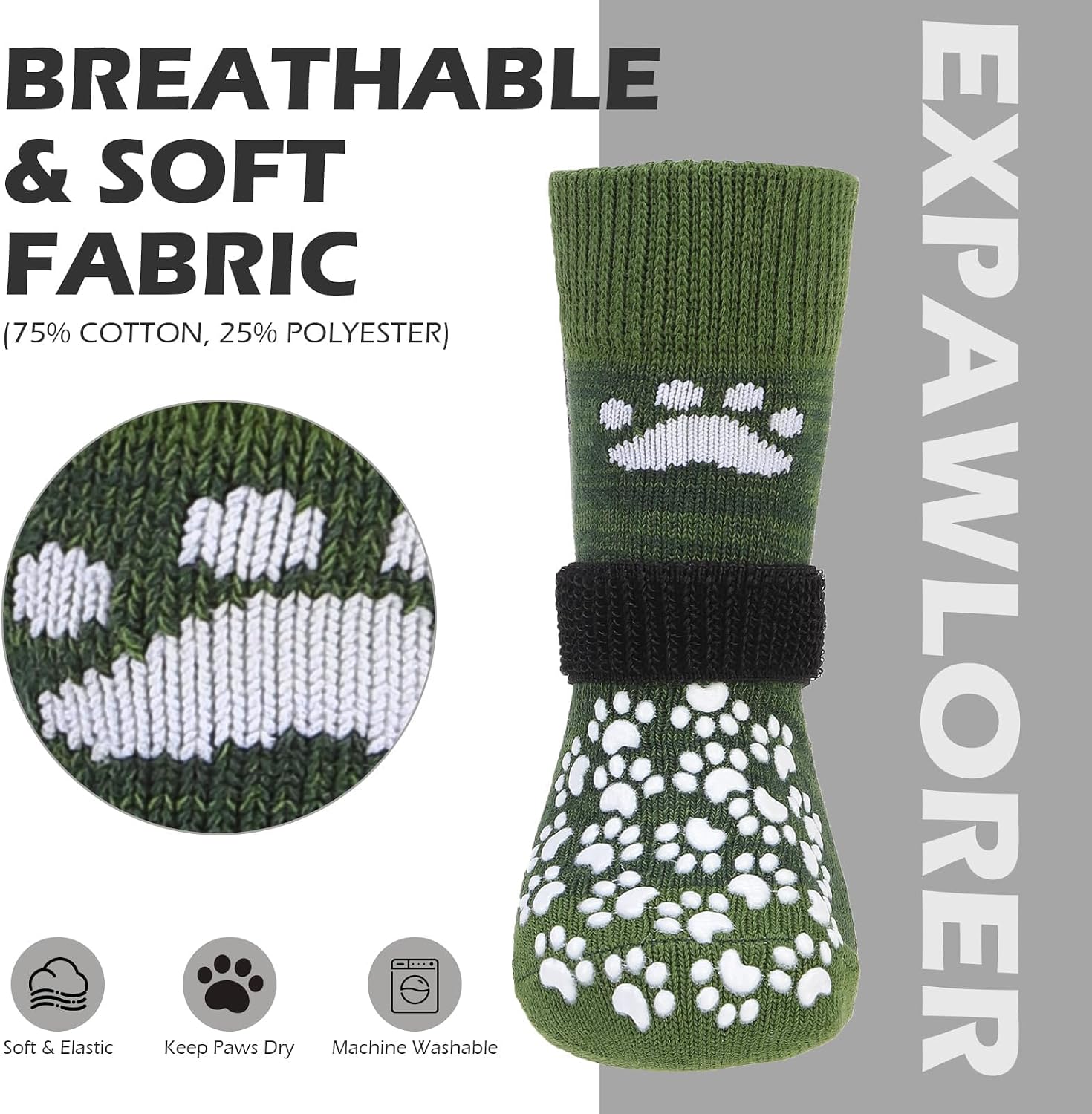 Detalle de EXPAWLORER Anti-slip Dog Socks with Grips (Double-sided gel boots) – Army Green, Size L