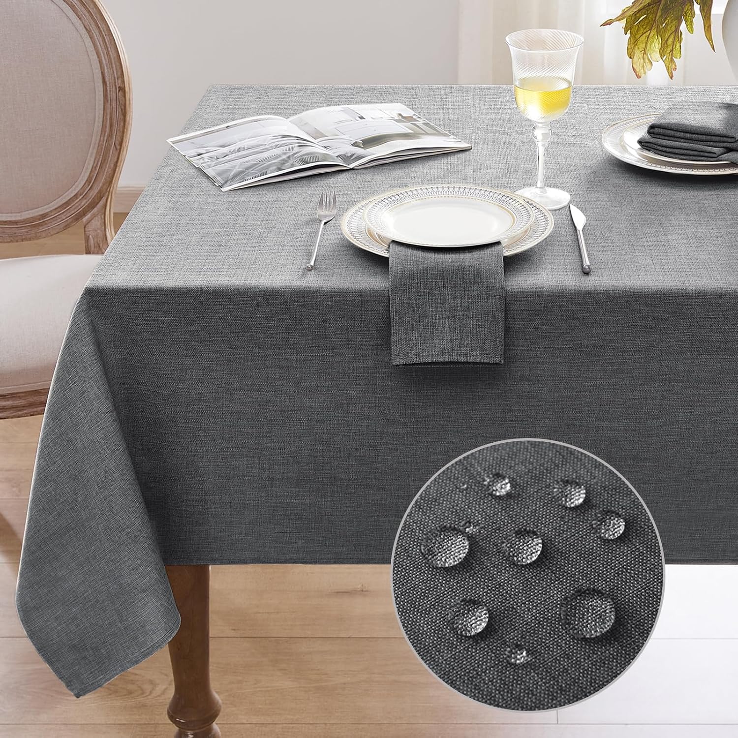 Softalker Tovaglia da Esterno 240 x 140 cm Rettangolare in Finto Lino – antimacchia, lavabile e idrorepellente, Grigio (8-10 posti)