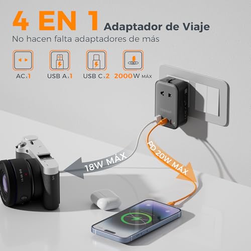 Thumbnail 2 de TESSAN adaptador de enchufe universal de viaje con 1 USB A y 2 USB-C (plano y compacto)
