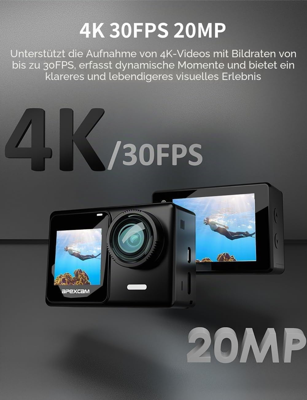 Detalle de Apexcam 4K 30FPS Action Cam Dualscreen mit 40 m Unterwasser, EIS, WiFi Fernbedienung und 2×1350 mAh Akku – Komplettset