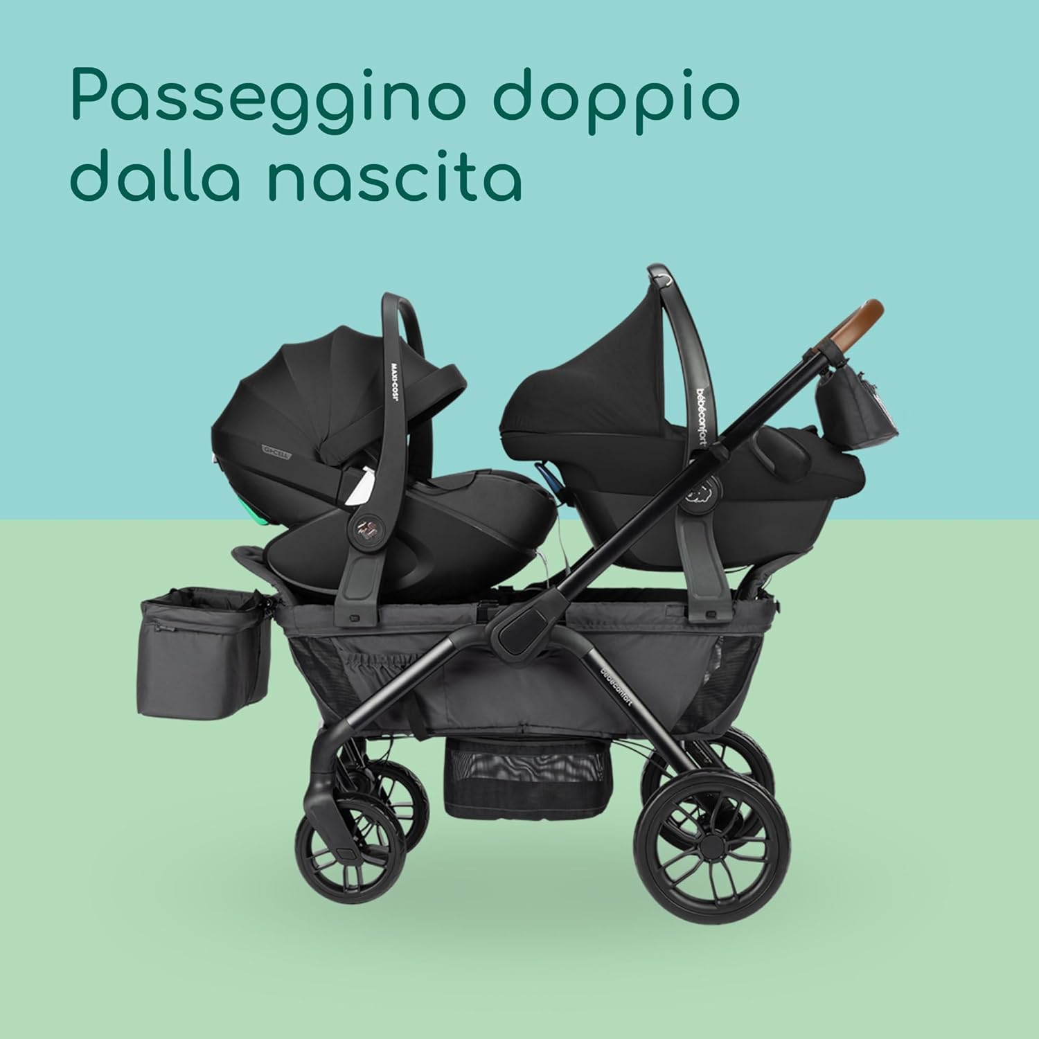 Detalle de Bebeconfort Helios: Passeggino gemellare dalla nascita, 0-4 anni, sedute fronte‑a‑fronte e ruote all‑terrain