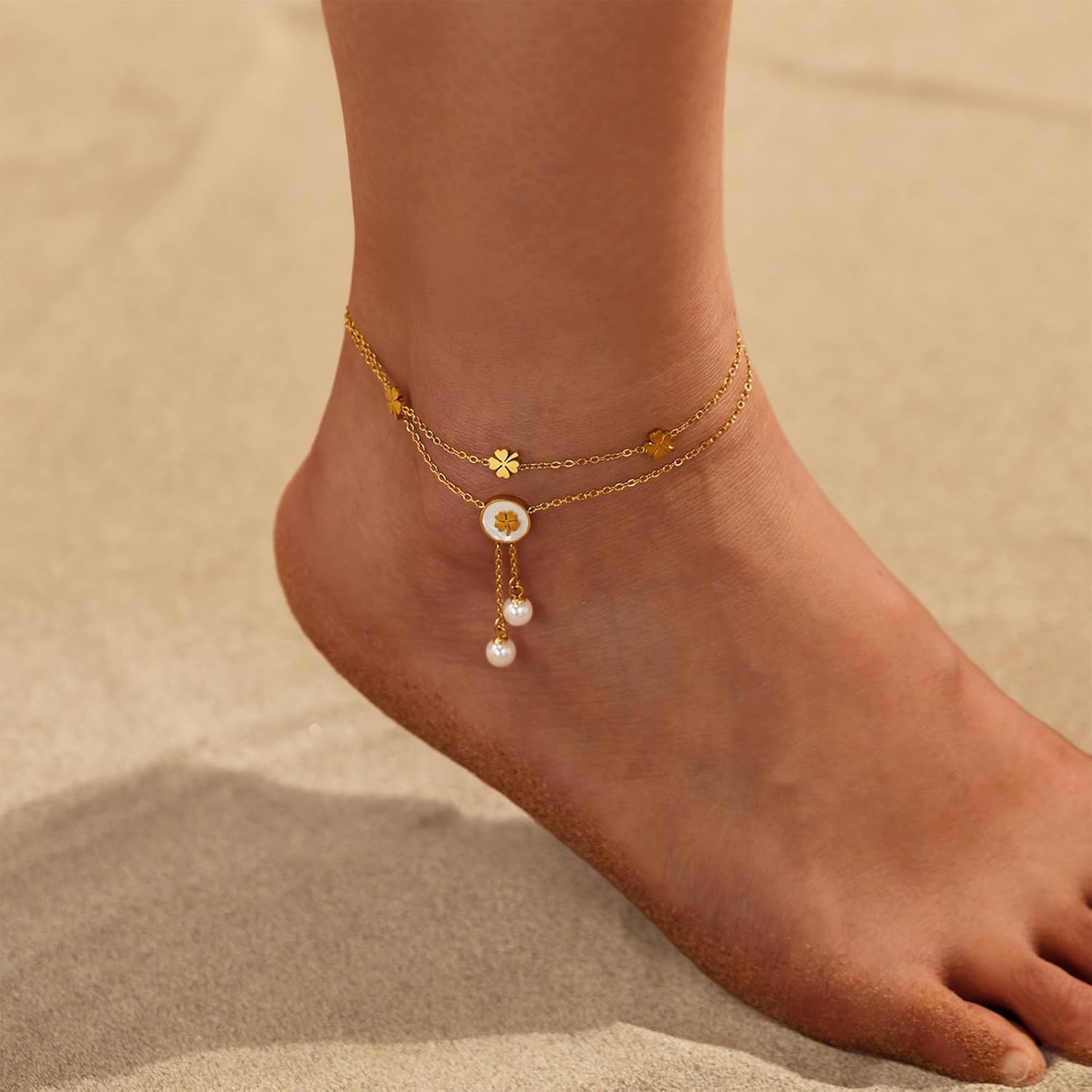 Detalle de Josfeva Gold Anklets for Women – Adjustable Double Chain Clover Butterfly & Pearl/Heart Pendant Anklet
