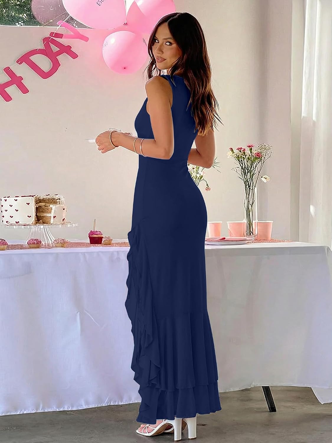 Detalle de BORIFLORS Women's Elegant Bodycon Ruched Maxi Cocktail Dress
