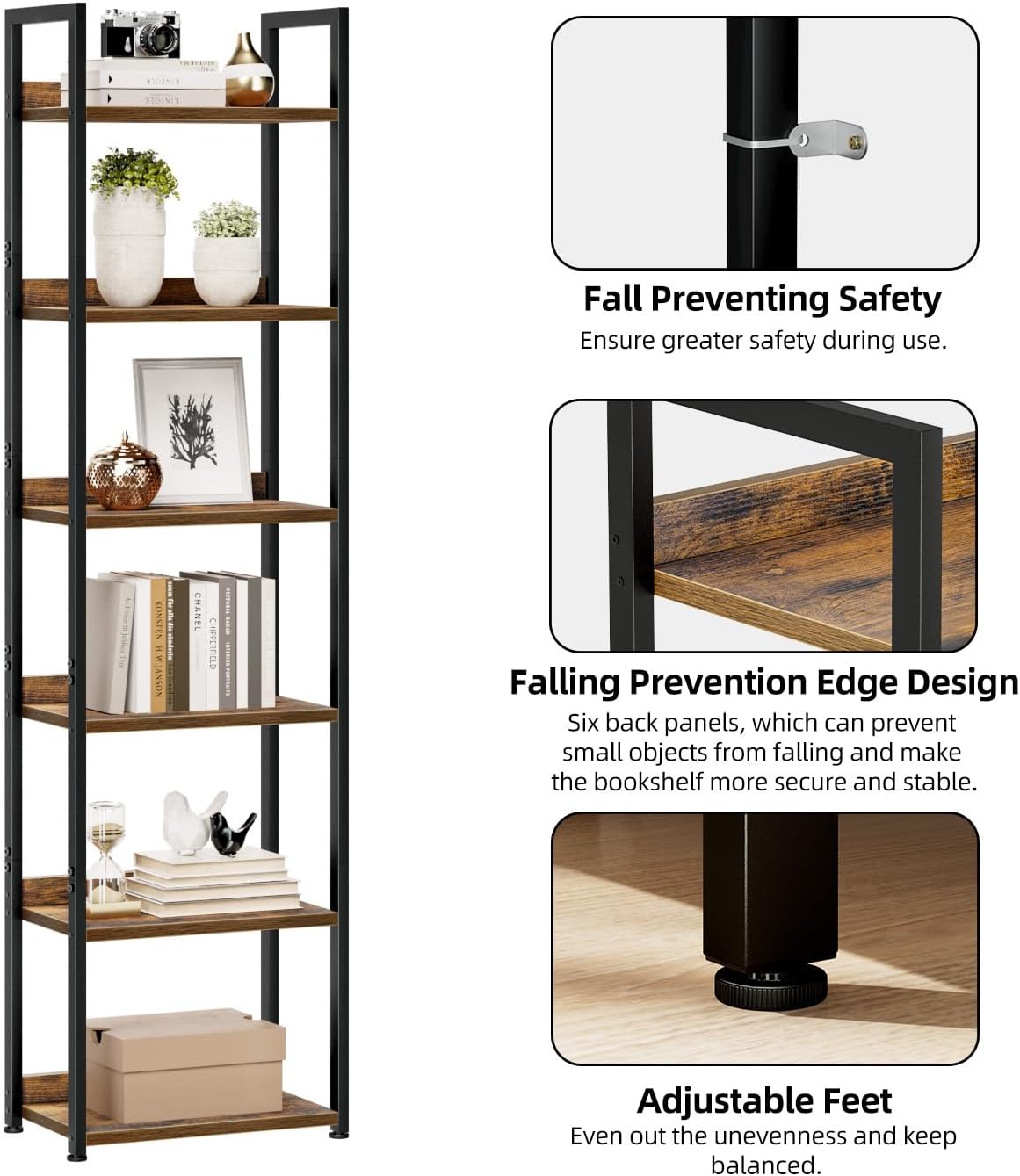 Detalle 1 de NUMENN C84 6-Tier Narrow Bookshelf, Vintage FSC-Certified Wood and Metal