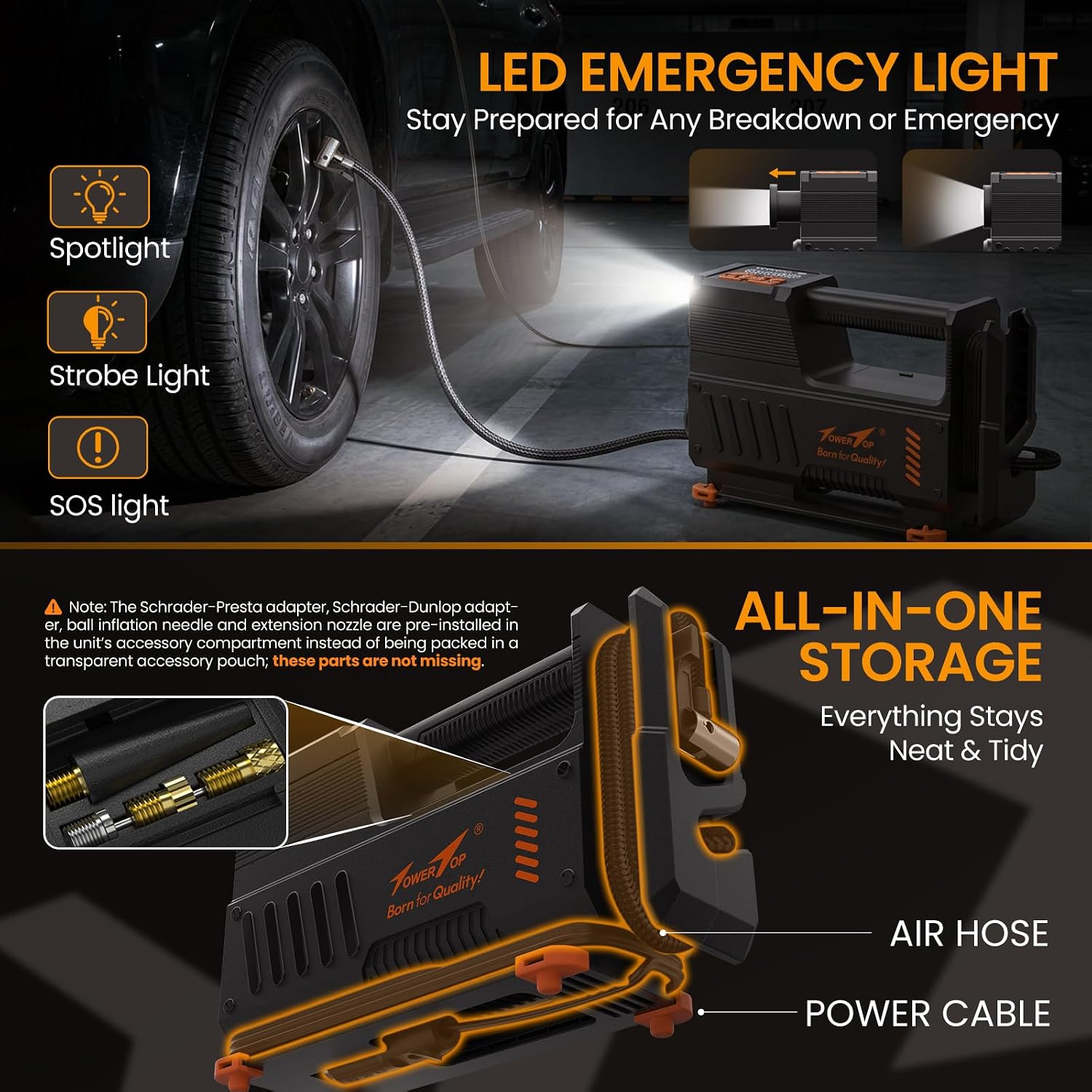 Thumbnail 2 de TowerTop Tyre Inflator Air Compressor: 5X Faster, 12V Car Tyre Pump with Auto-Stop, LED Torch and Memory