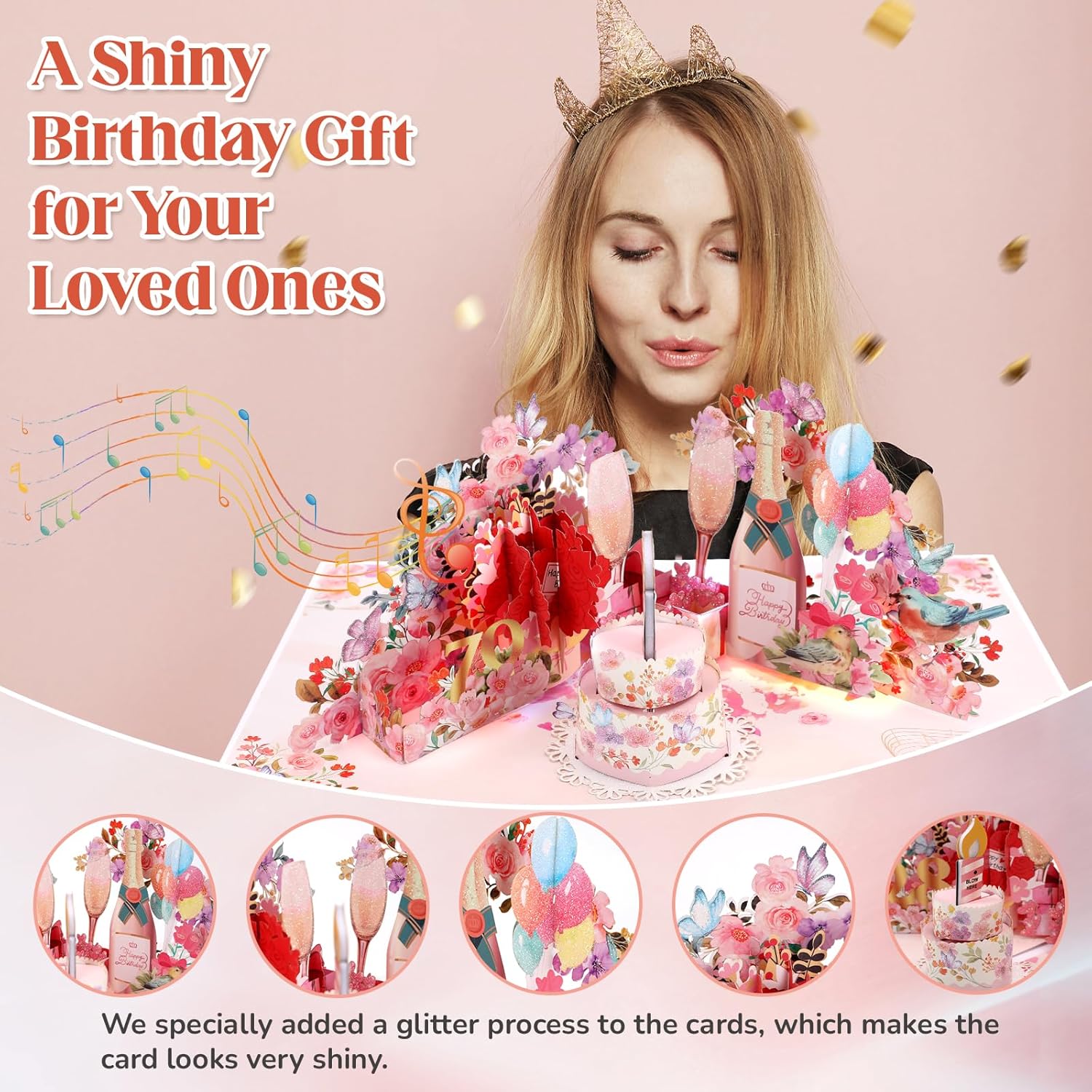 Thumbnail 3 de 70th Birthday Card for Women – Musical Pop-Up with Light and Champagne