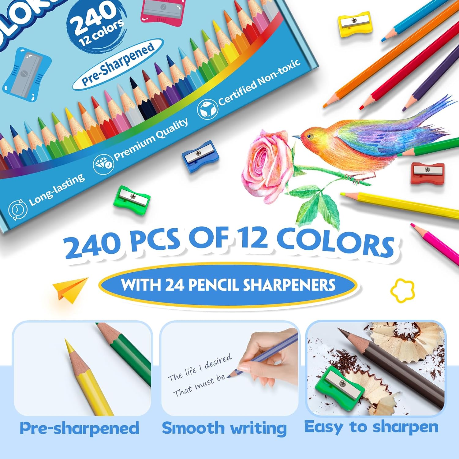 Detalle de 240 Count Colored Pencils Bulk for Classroom – 12 Vibrant Colors, Pre-Sharpened with 24 Sharpeners