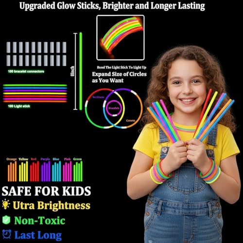 Detalle de Kimimara 100 Bracelets Lumineux Fluorescents – Kit 100, 7 Couleurs Néon et Accessoires pour Fête