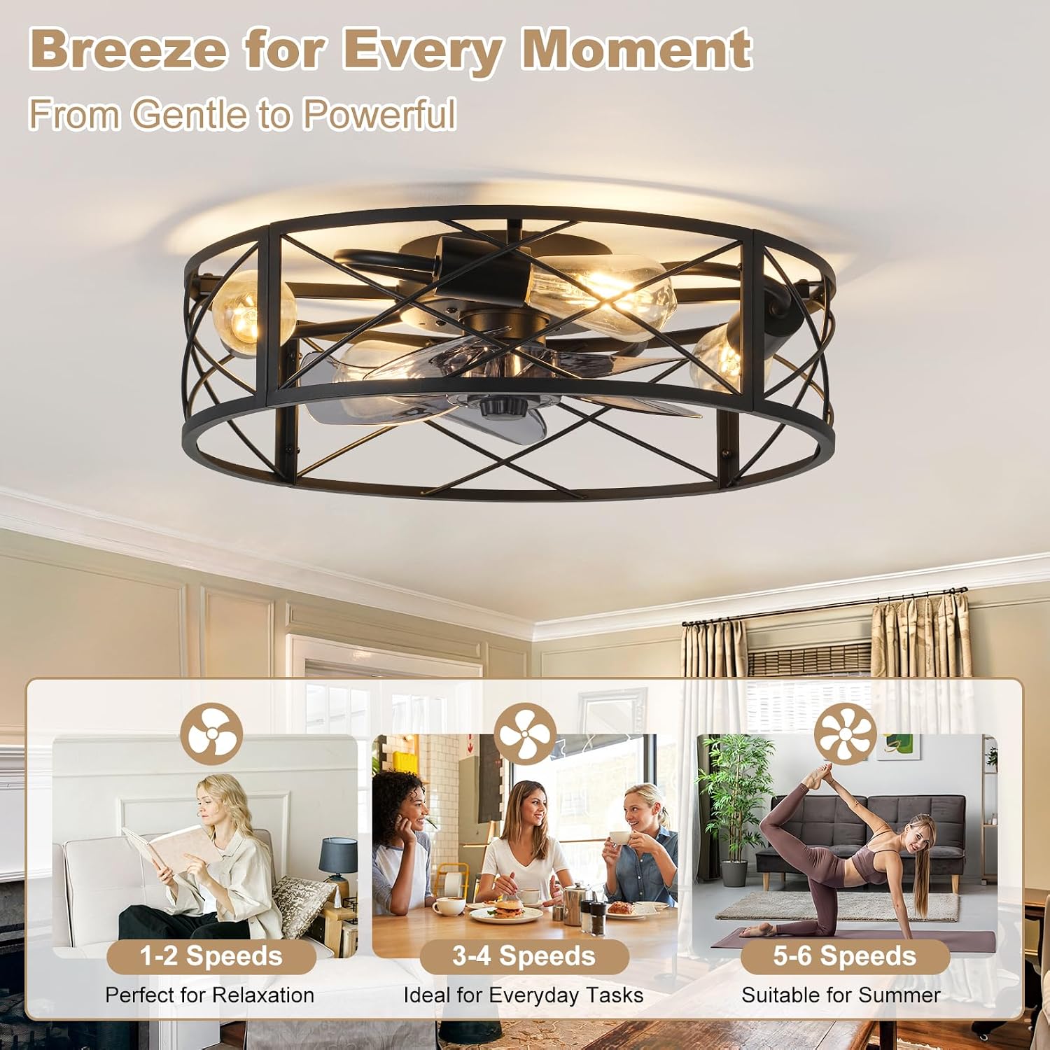 Detalle de UNRRYI 25449 18-Inch Caged Ceiling Fan with Light, 6 Speeds and App Control