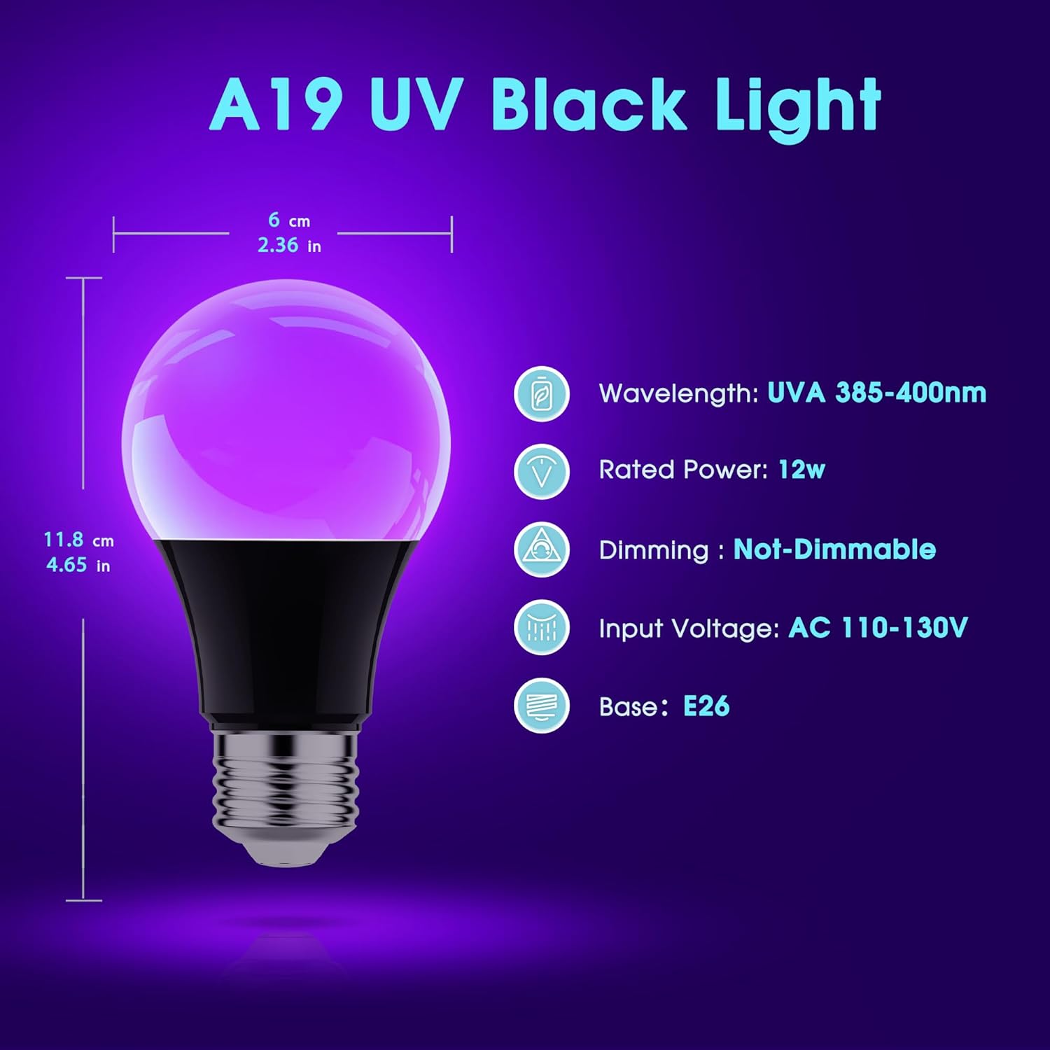 Thumbnail 5 de Briignite UV Light Bulb LED Blacklight Bulbs, A19 E26, 12W, 2-Pack