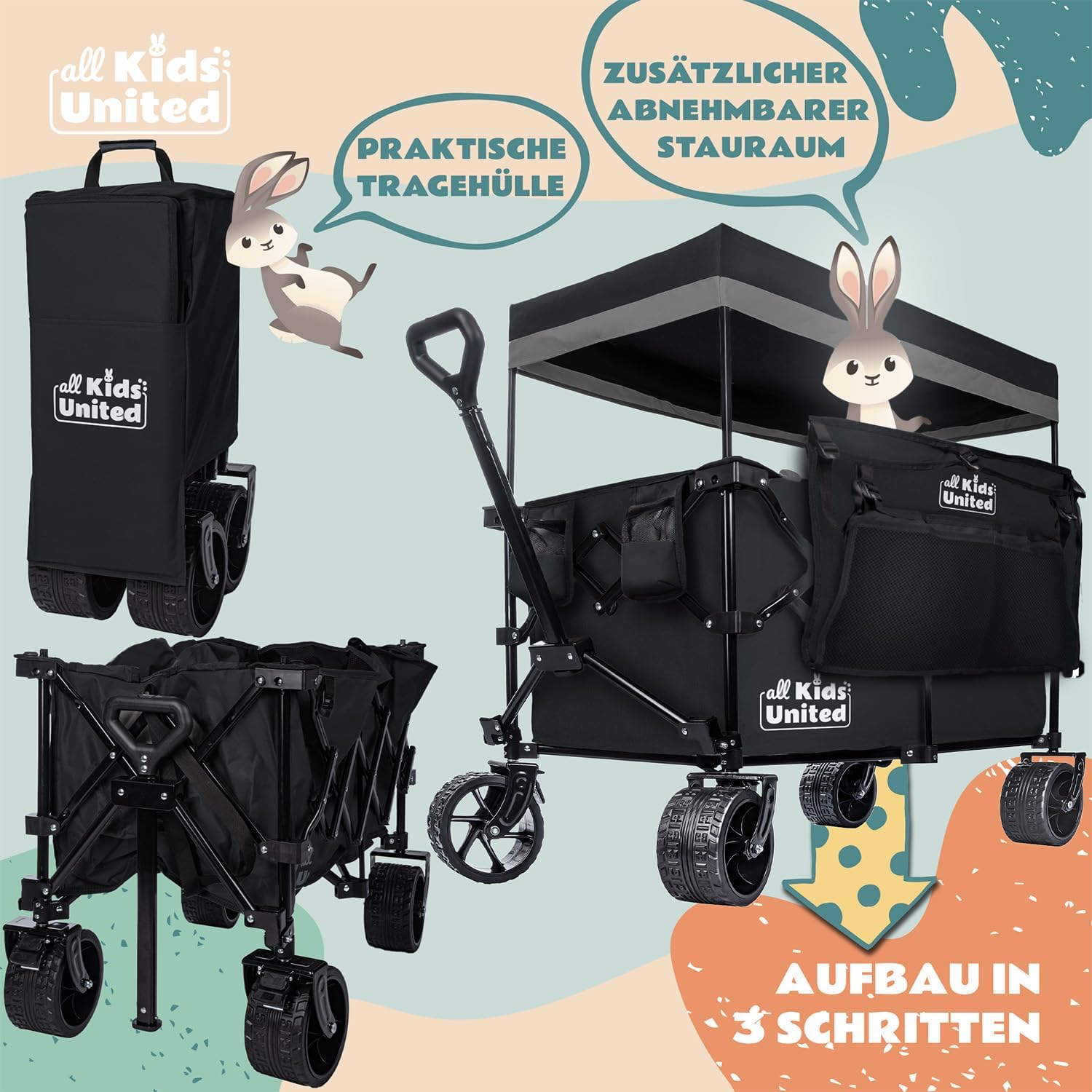 Thumbnail 1 de Faltbarer Bollerwagen Transportkarre (Strand-Buggy bis 90 l, 150 kg) mit XXL Geländerädern, Bremse & verstellbarem Griff – Schwarz