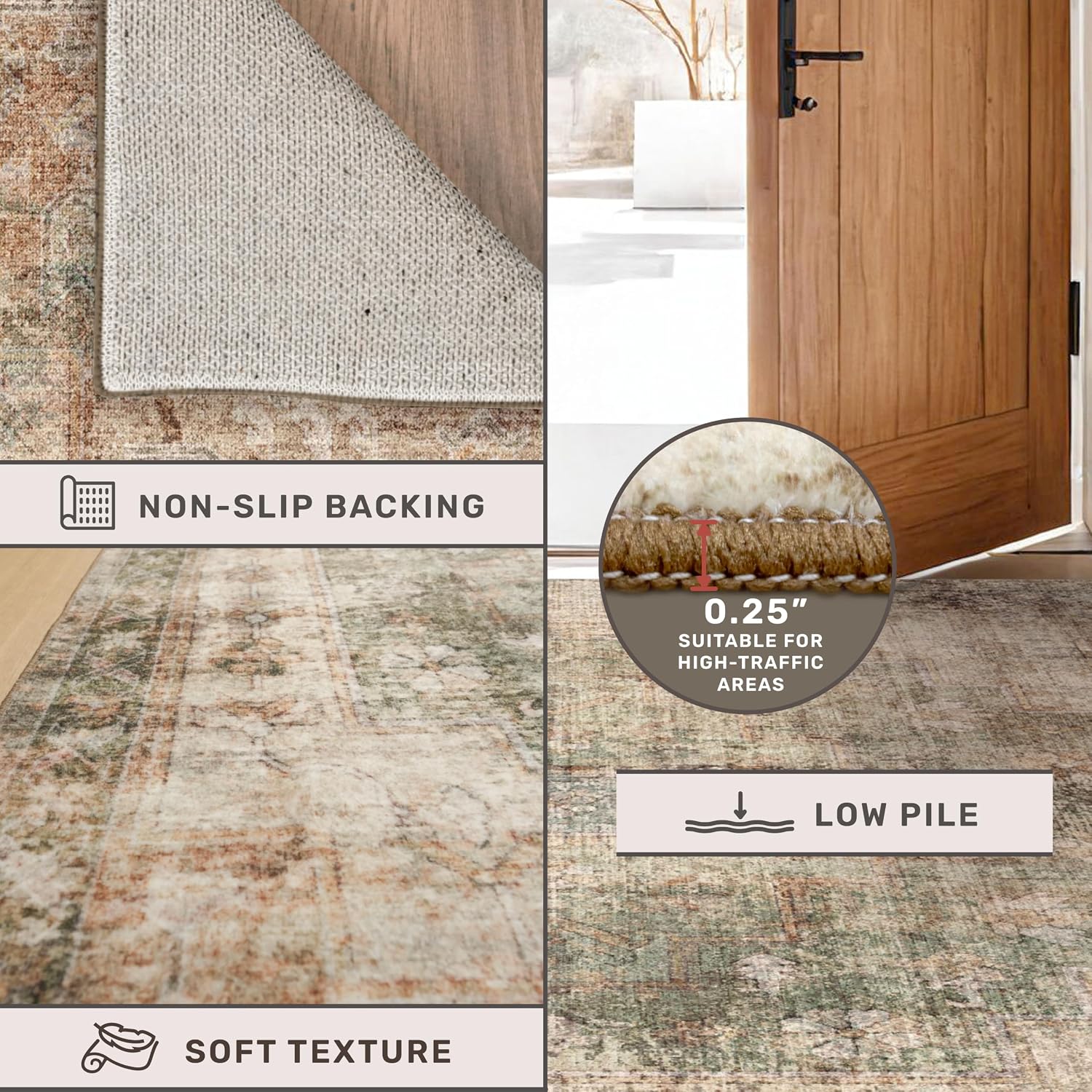 Thumbnail 4 de Hazo Haus Farmhouse Area Rug 8x10 (Brown & Green) — Washable, Non-Slip, Soft Low-Pile Floor Rug